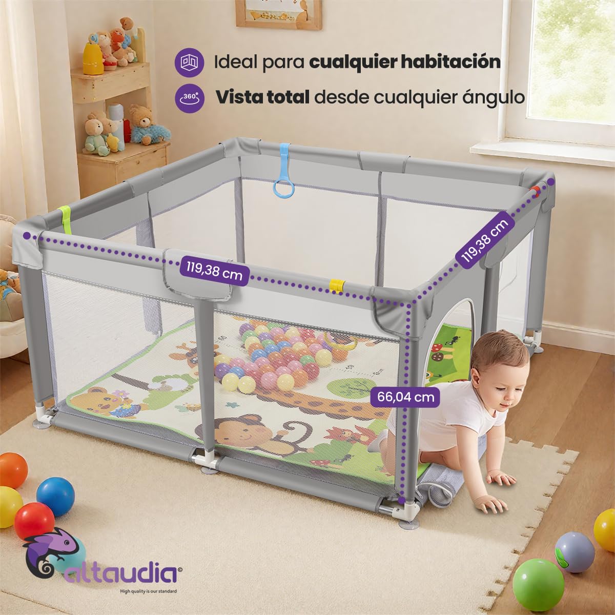 Parque Infantil Bebe 120x120cm + Alfombra Bebe + 50 Bolas + Bolsas de Transporte – Corralito Bebe con Malla Transpirable – Parque de Juegos Divertido para Bebe - Gris (120 * 120)