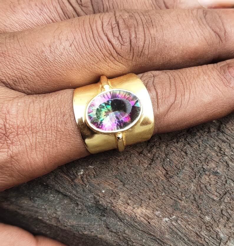 Bohemian Natural Mystic Rainbow Topaz Wide Gold Plated Ring - Vintage Gypsy Wedding Bridesmaid Thumb Jewelry, Multi Stone Statement Accessory