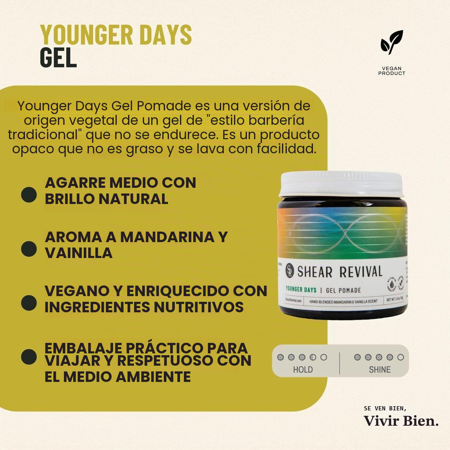 Shear Revival Pomada de gel Younger Days - Medium Hold Gel para peinar el cabello a base de agua, fórmula vegana de alto brillo, con aroma a mandarina y vainilla, 96 g