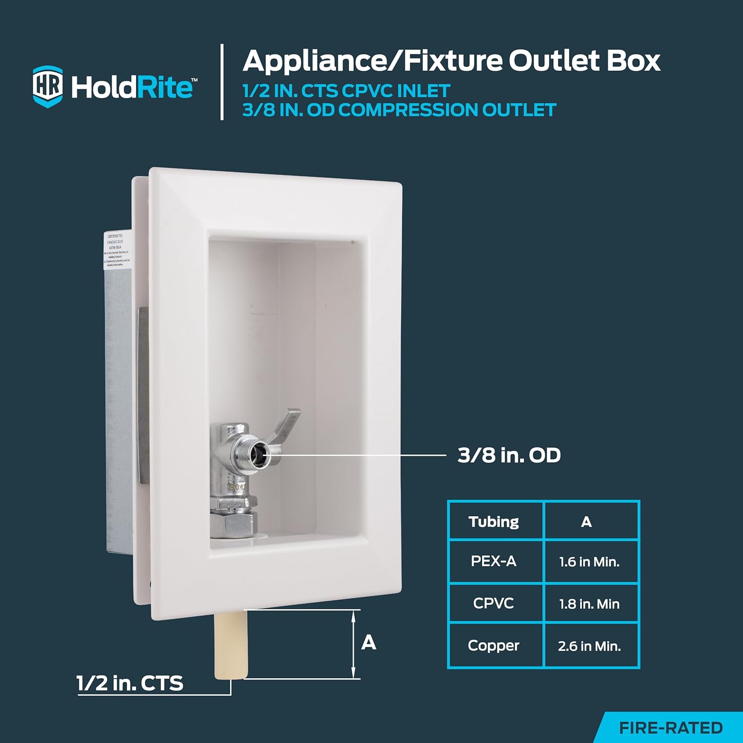 Holdrite 3/8 Inch OD Compression Connection Fixture Outlet Box, Pre-Assembled, Fire Rated, 1/2 Inch CTS CPVC Tailpiece, HR-AFR-C-1