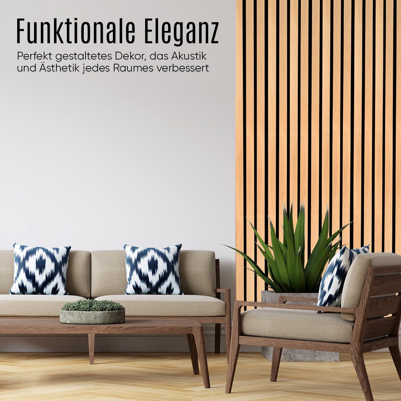 Akustikpaneele Holz, 2er Set, je Paneel 120 x 60 x 2,1 cm, 1,44 m², 3D Holz-Wandpaneele für bessere Raumakustik, Wandverkleidung innen (Sand-Eiche)