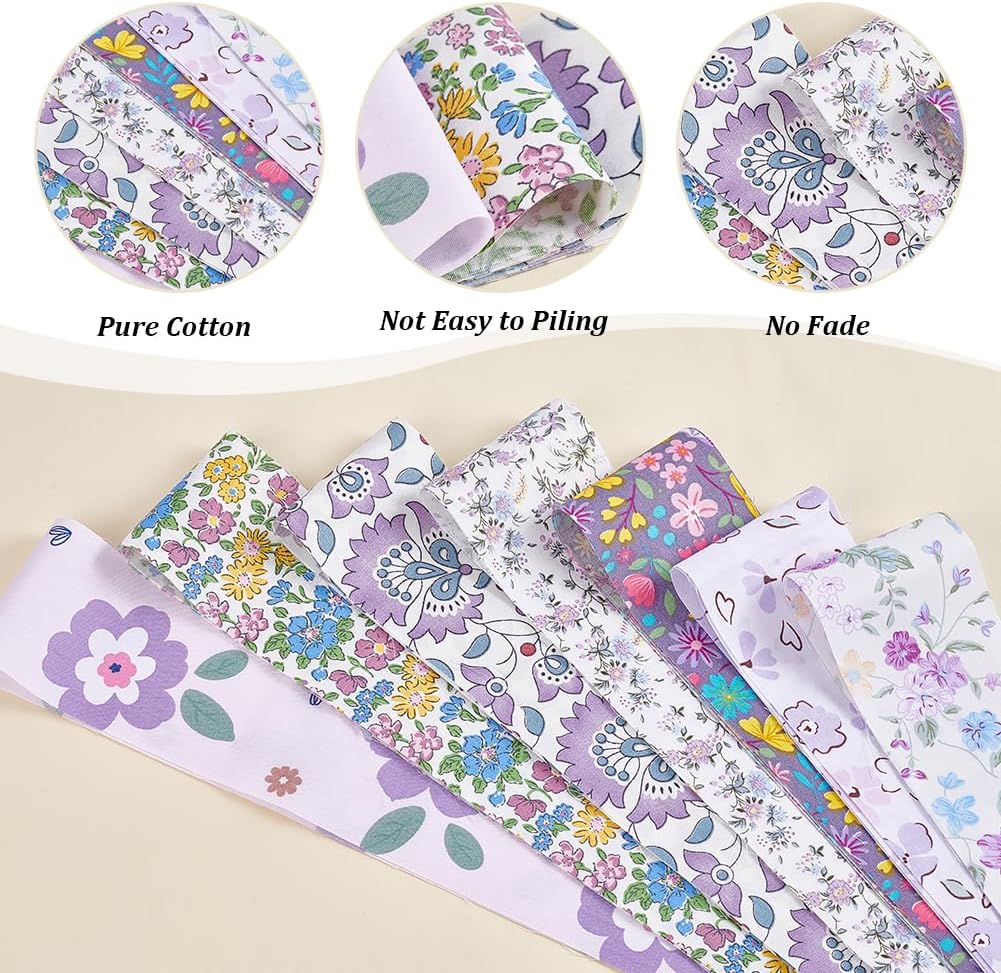 WEBEEDY 40 Pcs Jelly Roll Fabric Strips for Quilting, 20 Styles Purple Flower Quilting Strips Soft Cotton Fabric Bundles Strip Ribbon for Sewing DIY Craft Clothes Rug Purse Home Decor, 2.6x39.4 inch