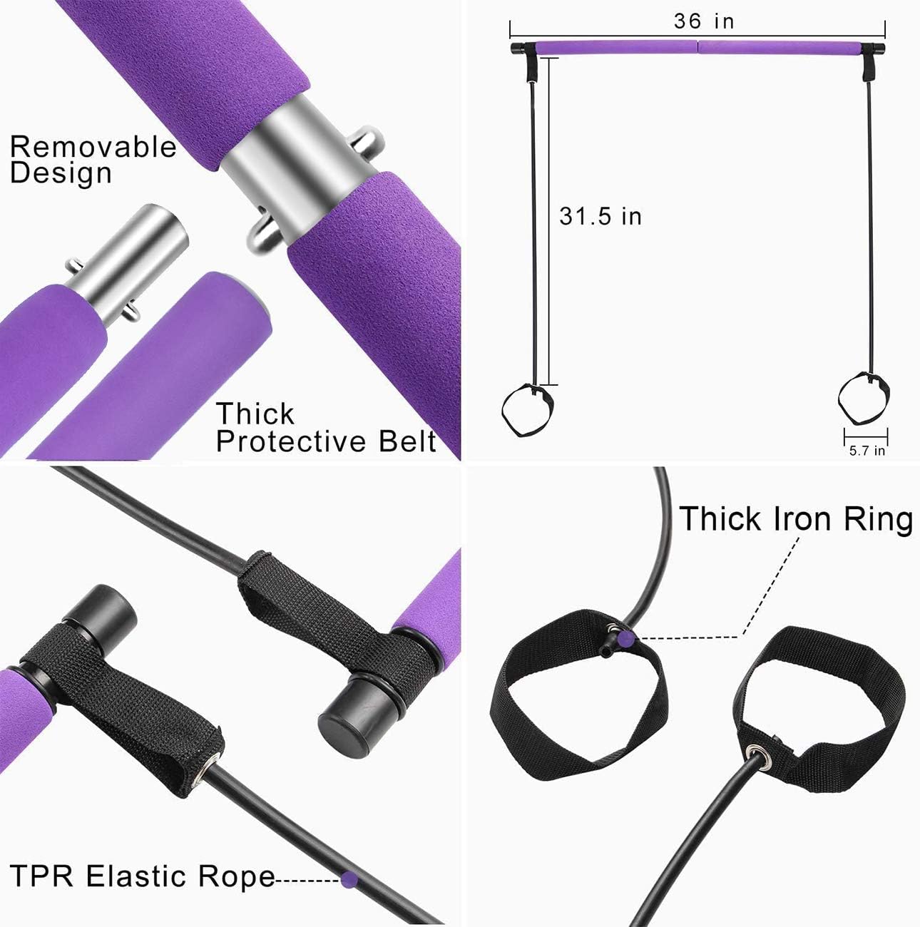 OZMI Portable Pilates Bar Kit with Exercise Resistance Band, Exercise Pilates Bar with Foot Loop Toning Bar for Home Gym Workout, Total Body Workout, Yoga, Fitness, Stretch, Sculpt (Purple)