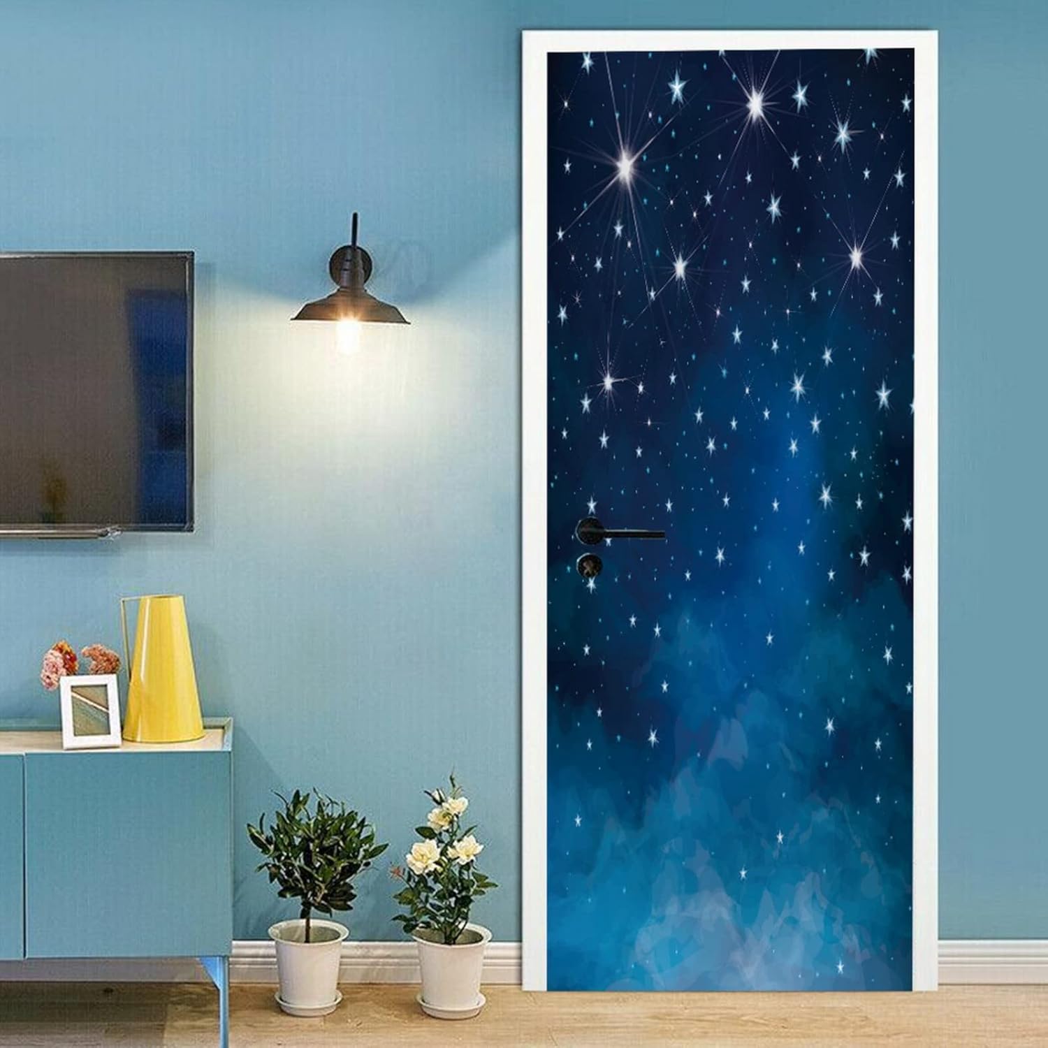A.Monamour 3D Door Stickers for Interior Doors Night Blue Starry Sky with Stars Background Vinyl Removable Self Adhesive Door Poster Wallpaper Mural Decals for Bedroom Office Bathroom 85x215cm