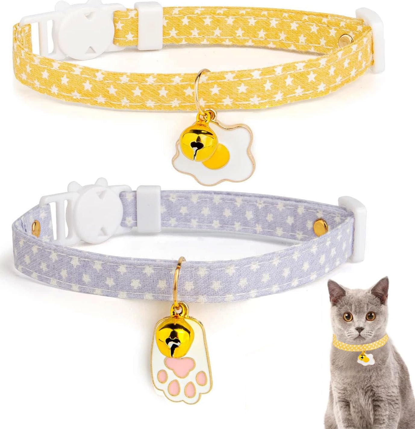 2Pcs Breakaway Cat Collar with Bell Cute Adjustable Cotton Flower Pendant Pet Puppy Kitten Collar for Boy Girl Cat