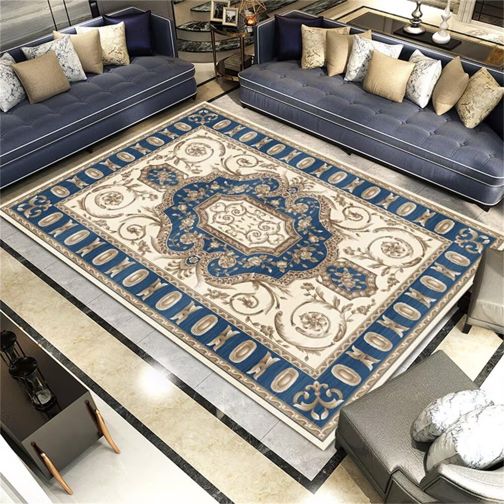 Tapis chambre enfant bleu floral vintage 200x250cm moelleux pour chaise bureau