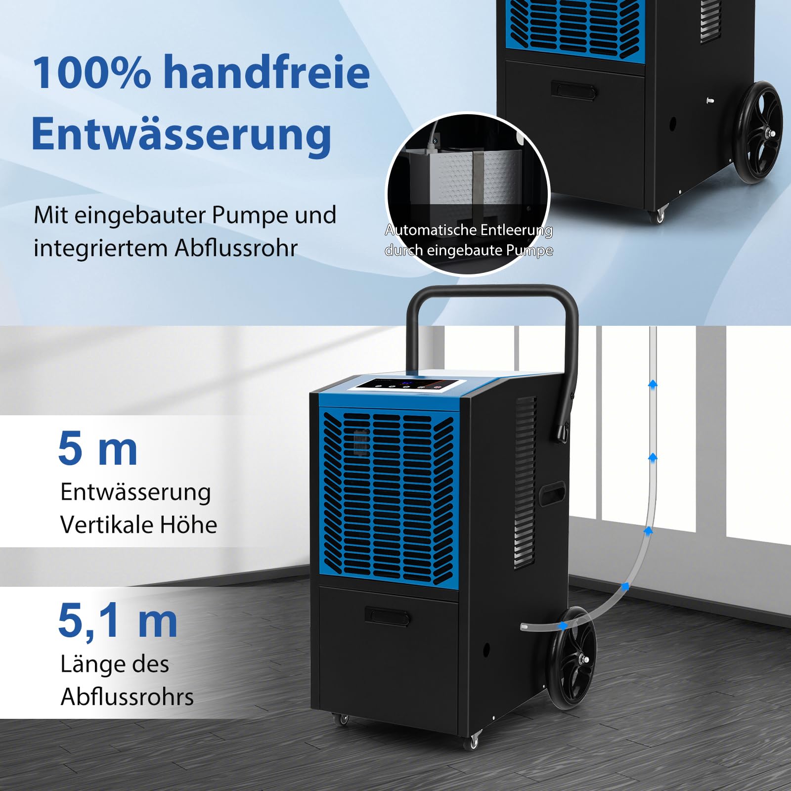 SOARS Deumidificatore Elettrico 66L/Giorno, Deumidificatore Professionale con Pompa di Scarico Automatica, Tubo di Scarico, Filtro Rimovibile, per Cantine, Magazzini, Scantinati (Nero+Blu)