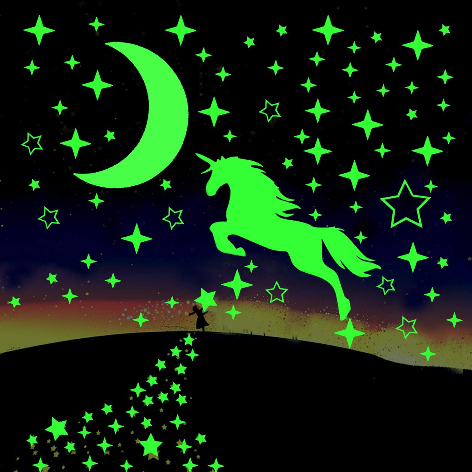Glow in The Dark Stars for Ceiling, Glowing Unicorn Stars for Kids Bedroom, Nursery Room, DIY Ceiling Stars Stickers for Girls Birthday Gift
