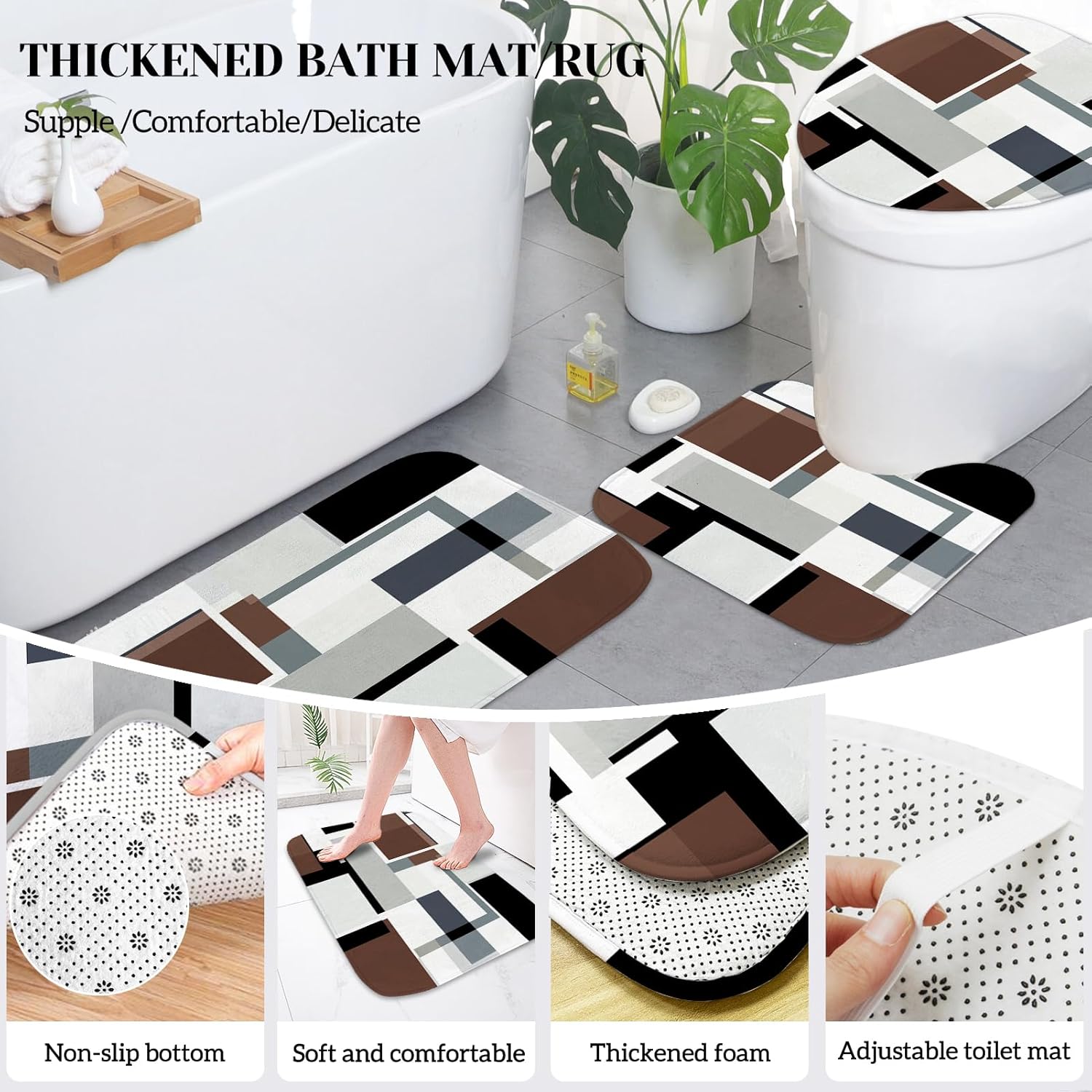 Lnond Brown Bathroom Set, 23-Piece Brown Geometric Bathroom Decor Set with with Shower Curtain and Rugs, Trash Can, Toilet Brush Holder Set & Soap Dispenser