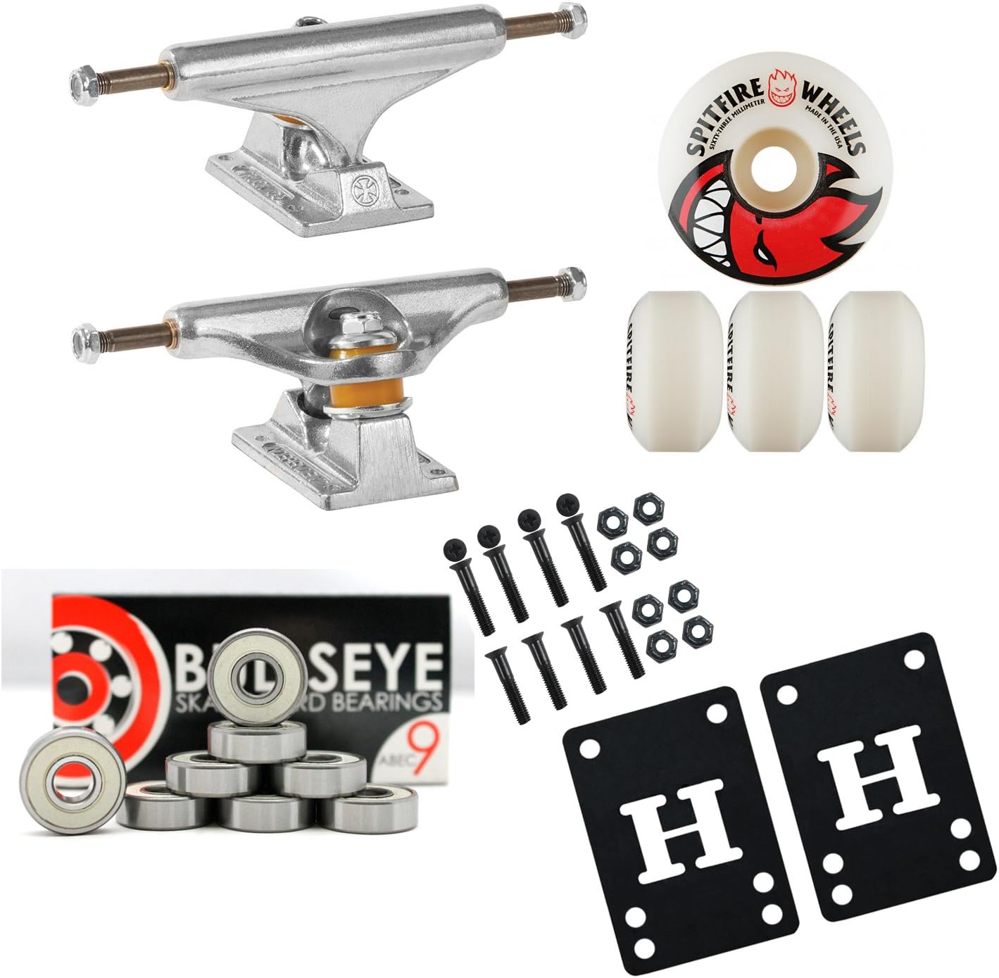 129mm Skateboard Trucks 52mm Spitfire Wheels, Bearings Package