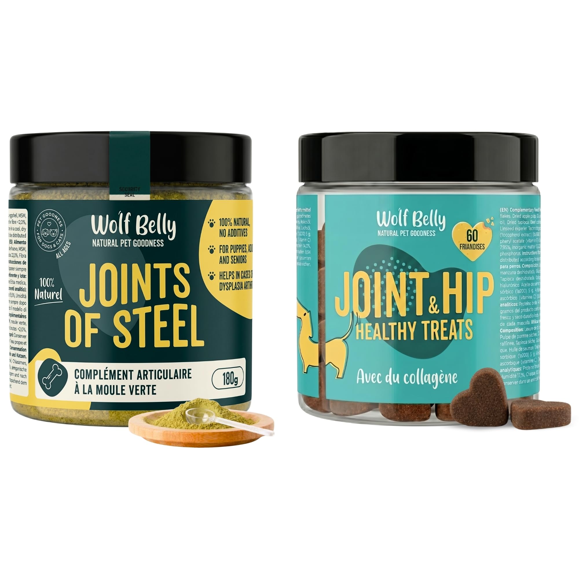 Wolf Belly - Pack Chondroprotecteur pour Chiens | Complément Articulaire en Poudre + Friandises à l’Acide Hyaluronique | Articulations Fortes | Anti-inflammatoire - Fabriqué en Europe