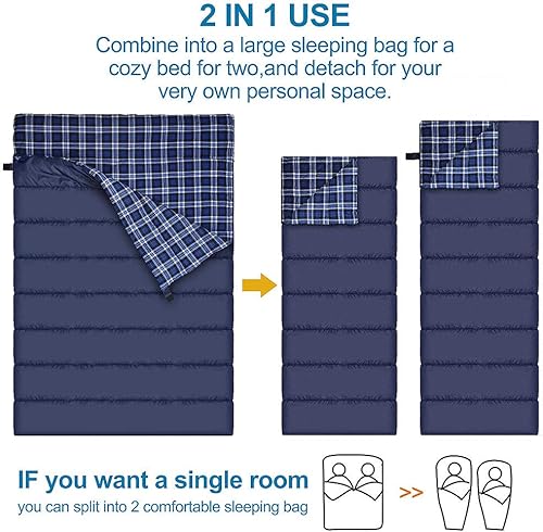 Miniatura 4 de AGEMORE Saco de dormir doble de franela de algodón para camping, mochilero o senderismo. Saco de dormir impermeable tamaño Queen para 2 personas