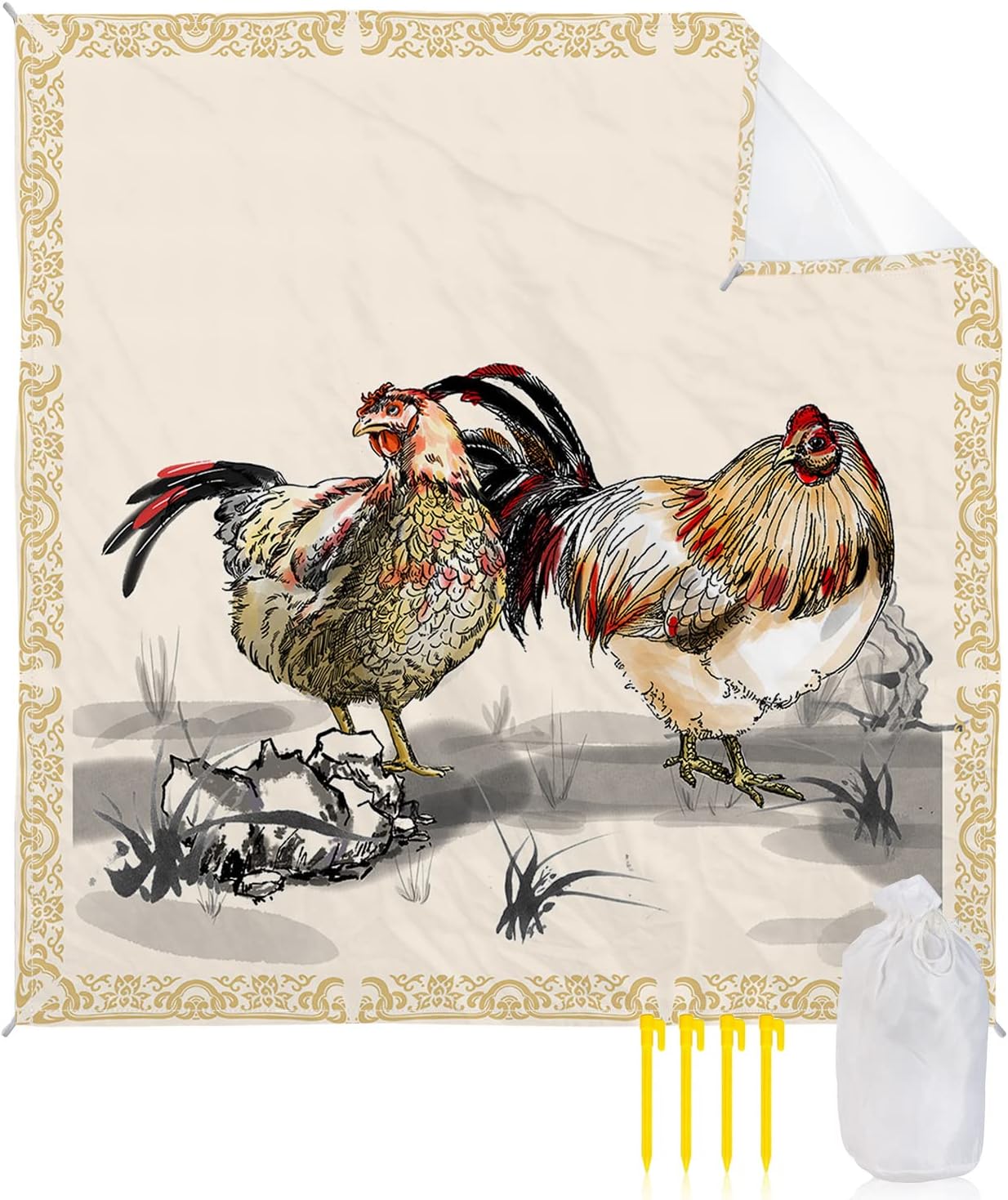 Rural Ink Art Farm Chicken Animals Beach Blanket Waterproof Sandproof Outdoor Picnic Mat 83"x79" Golden Flowers Texture Border Lightweight Large Beaach Blankets with 4 Stake & 4 Corner Pockets