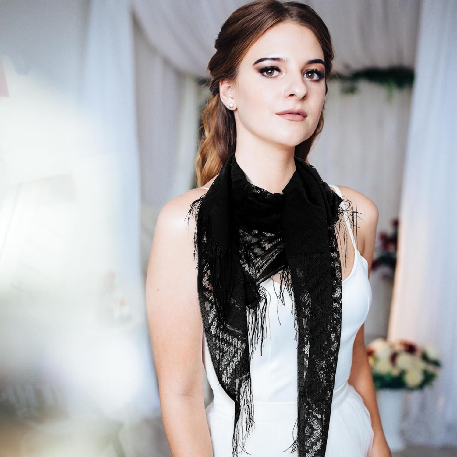 Larrel Black Lace Shawl,Triangle Lace Shawls and Wraps for Evening Dresses with Tassels Soft Mesh Fringe Wraps Elegant Shawl for Evening Party Mesh Wedding Shawls (Black) - Image 5