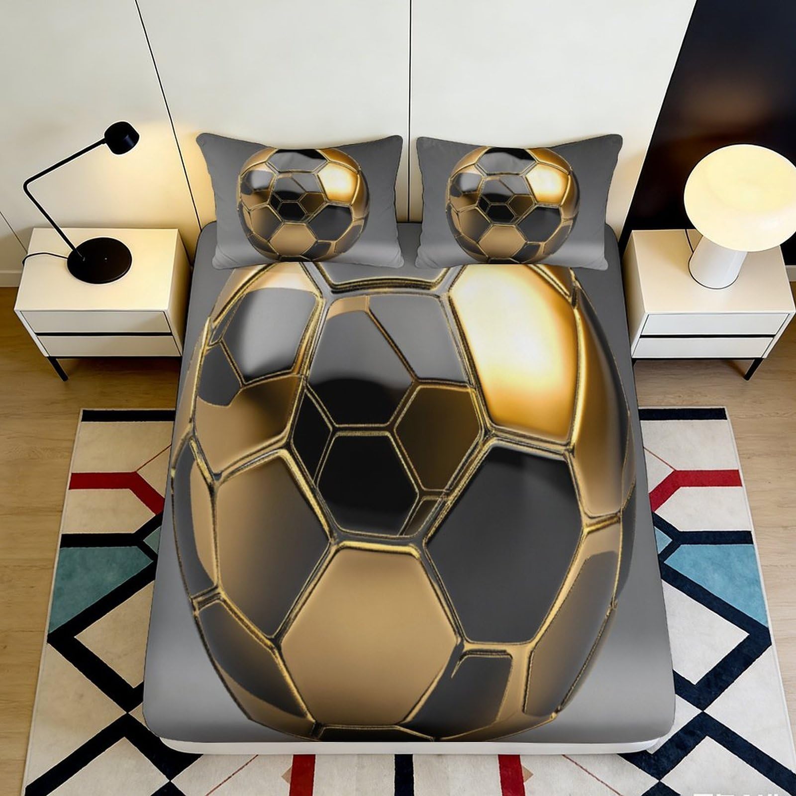 3D Printed Football Fitted Sheet Microfiber Deep Pocket Non-Slip Bedroom Soccer Mattress Fitted Cover for Adults Teens 120x200x25cm