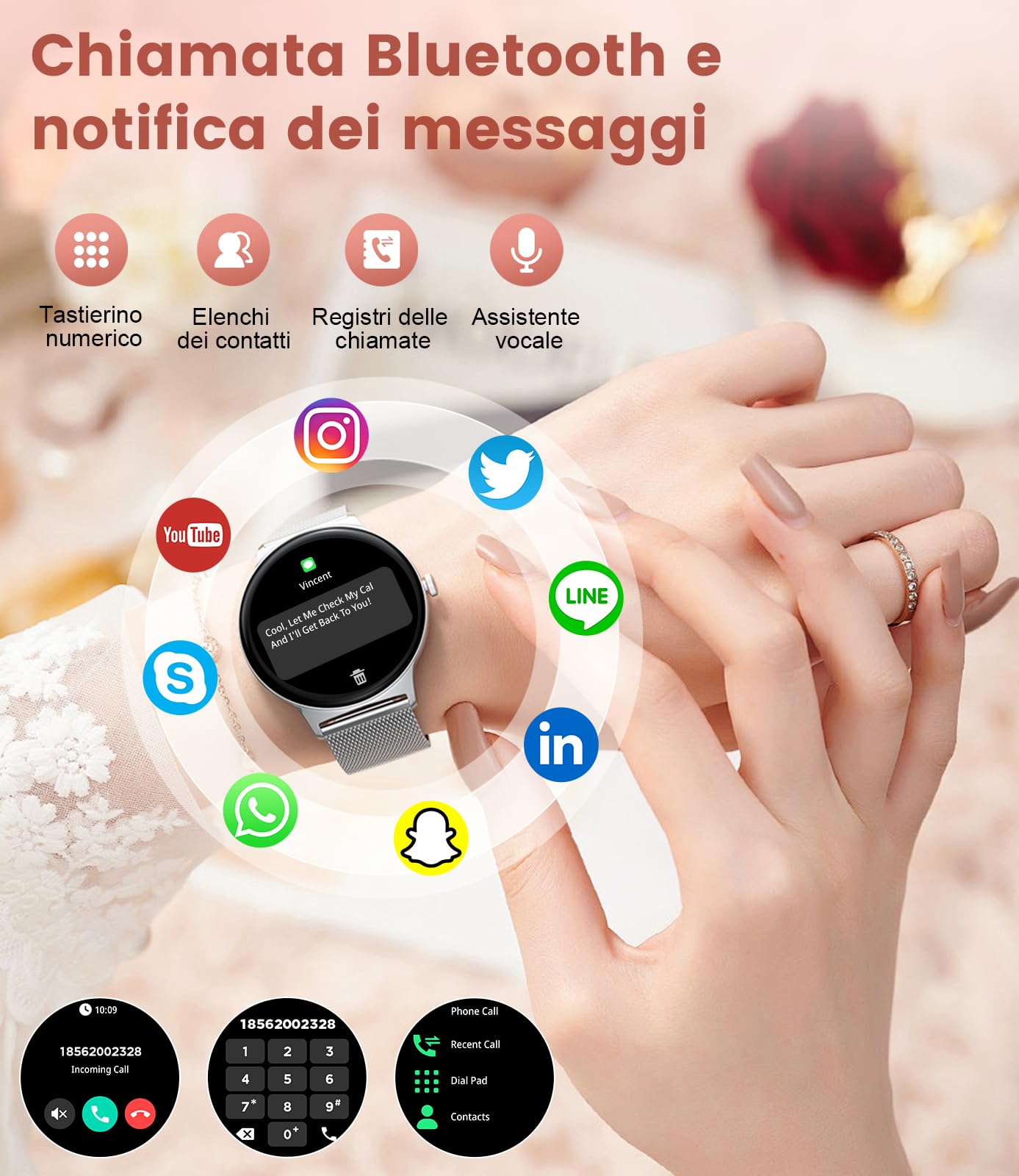 Smartwatch Donna, 1,43" AMOLED Ultra-sottile Orologio Fitness Con Chiamata Bluetooth,100+ Modalità Sportive,24H Cardiofrequenzimetro/Monitoraggio Sonno, IP68 Impermeabile, 2 Cinturini, per Android iOS