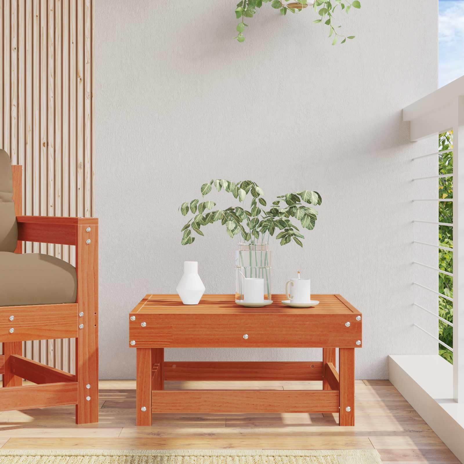 Reposapiés de jardín de madera maciza de pino, reposapiés modular para jardín y patio, 61 x 60,5 x 30 cm, color marrón cera, estructura de madera resistente para exteriores