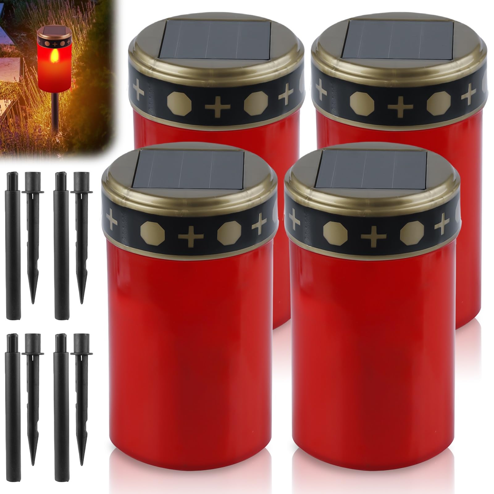 GOMETY Set di 4 candele per tomba, a energia solare, con picchetto, luce per tomba, luce fissa, luci per tomba, illuminazione per esterni, decorazione funeraria, ricordo (rosso) (rosso)