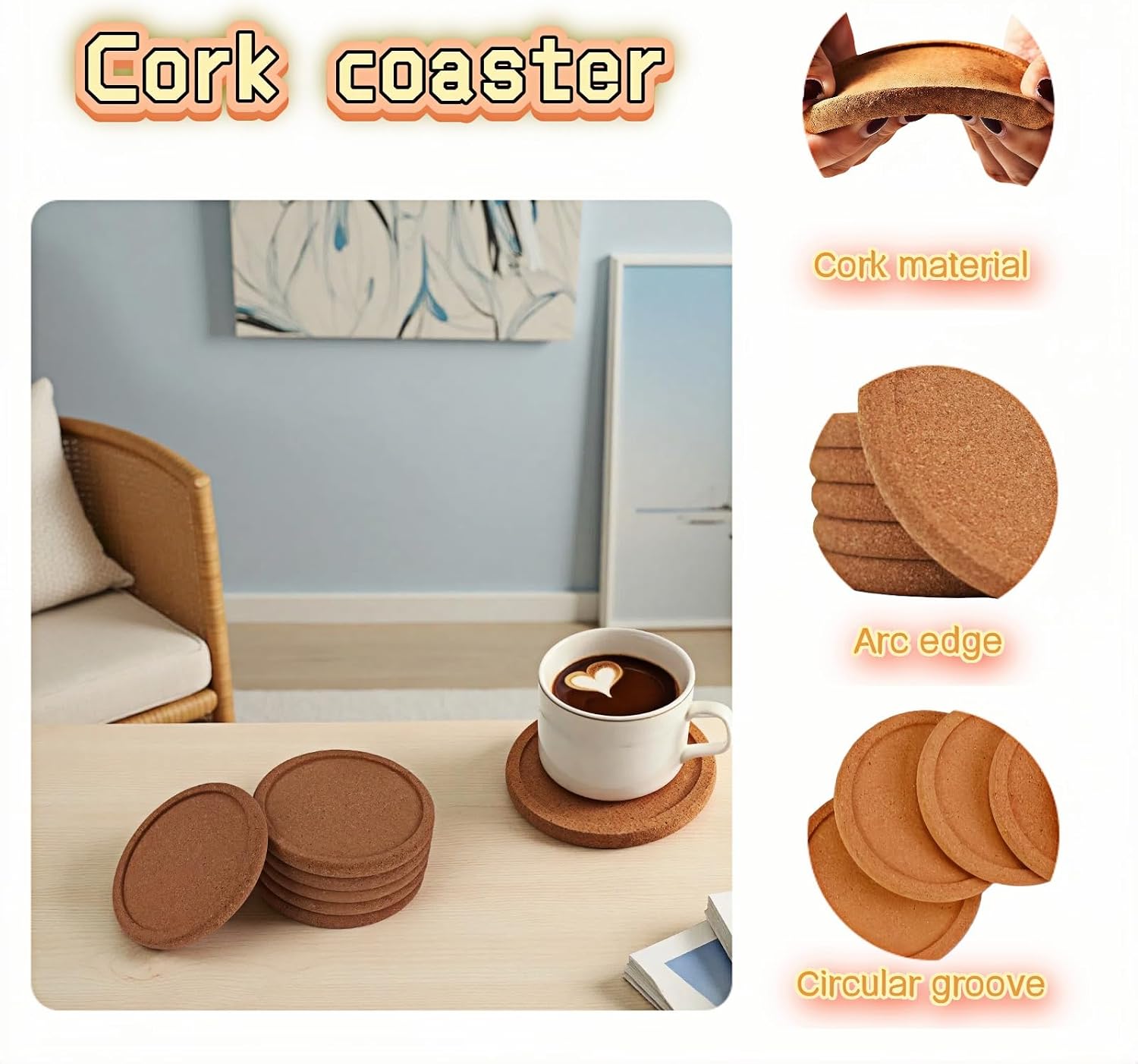 6-Pack Cork Coasters, 4 Inch Absorbent Reusable Beverage Coasters with Lip, Heat Resistant Non-Slip Cup Pads for Glasses Mugs, Natural Wood Table Protectors
