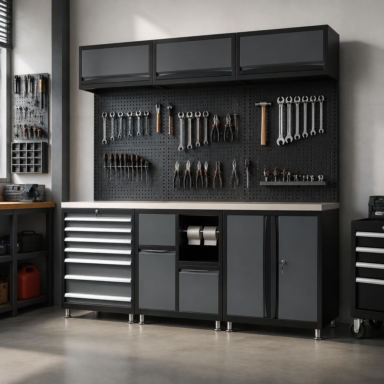 Werkstattschrank Metall, Werkbank mit Schubladen, Werkstatteinrichtung Komplettset, Garagenschrank Aufbewahrung, Kombinationsschrank-06