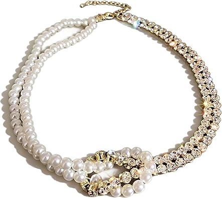 Jumwrit Sparkly Rhinestone Pearl Choker Dainty Layered Adjustable Silver Row Asymmetric Pearl Fashion Prom Party Necklace Accessories for Women Girls Style 1