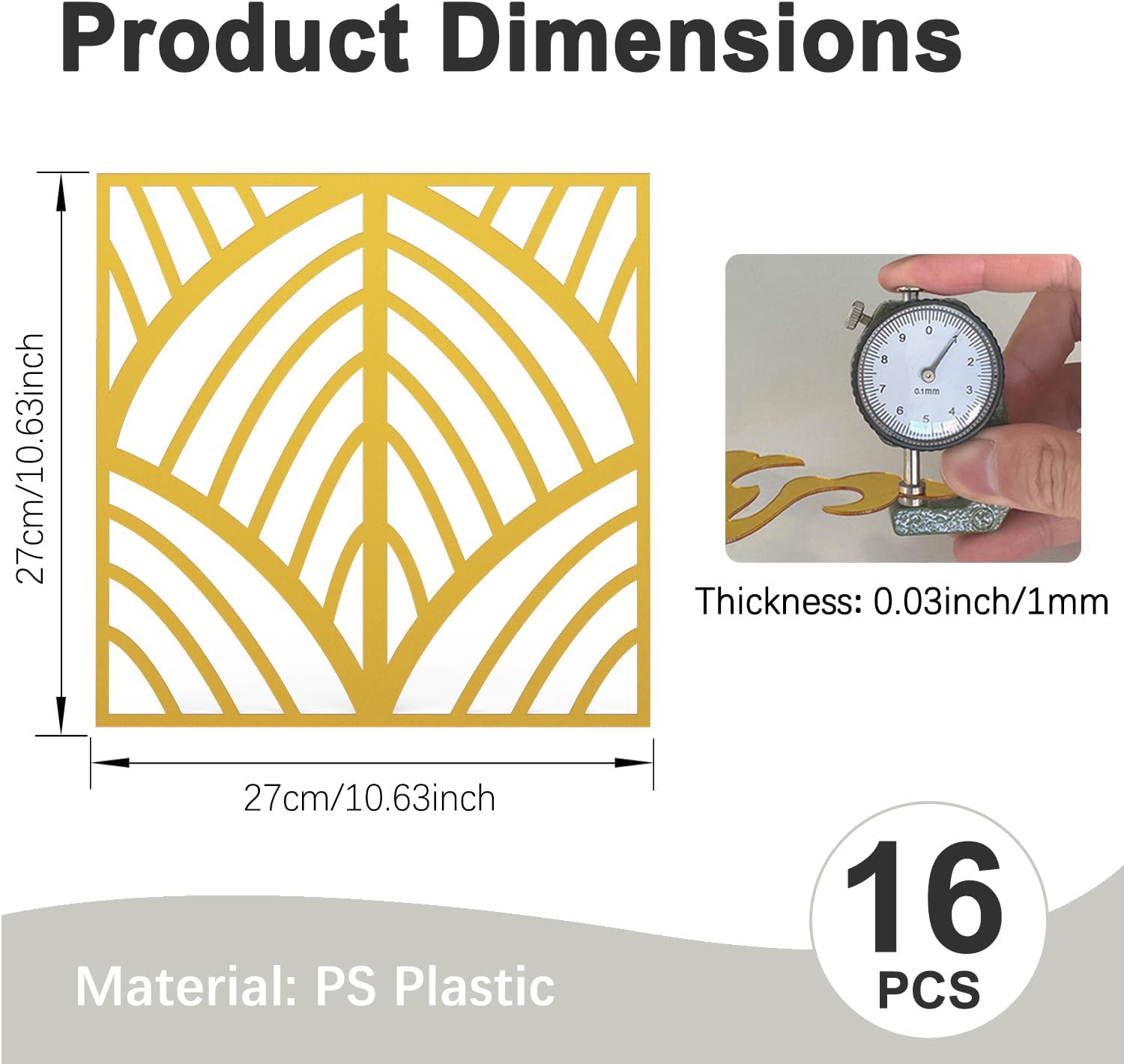 LiveInUrban 16 PCS Peel and Stick Geometric Modern Hollow Wall Art Decor with Minimalist Pattern, Faux Metal Spray Effect Home Wall Accents with Matte Finish, Gold Fan Arch, 10.63" X 10.63"