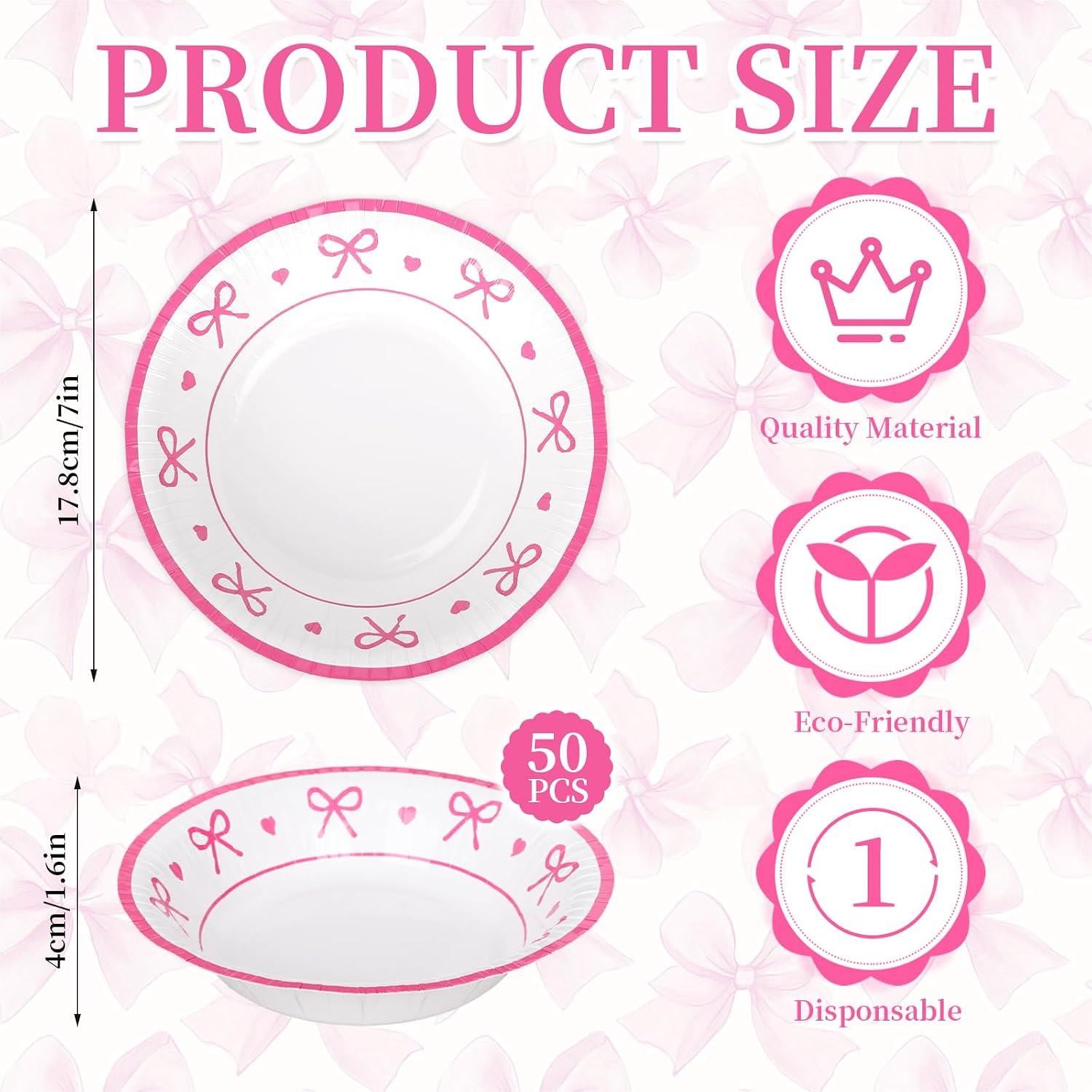 FYSUIMU 50Pcs Pink Bow Heart Paper Bowls 16 Oz Coquette Bowknot Party Bowls Disposable Soup Snack Dessert Serving Bowl for Holiday Wedding Baby Shower Birthday Party Supplies