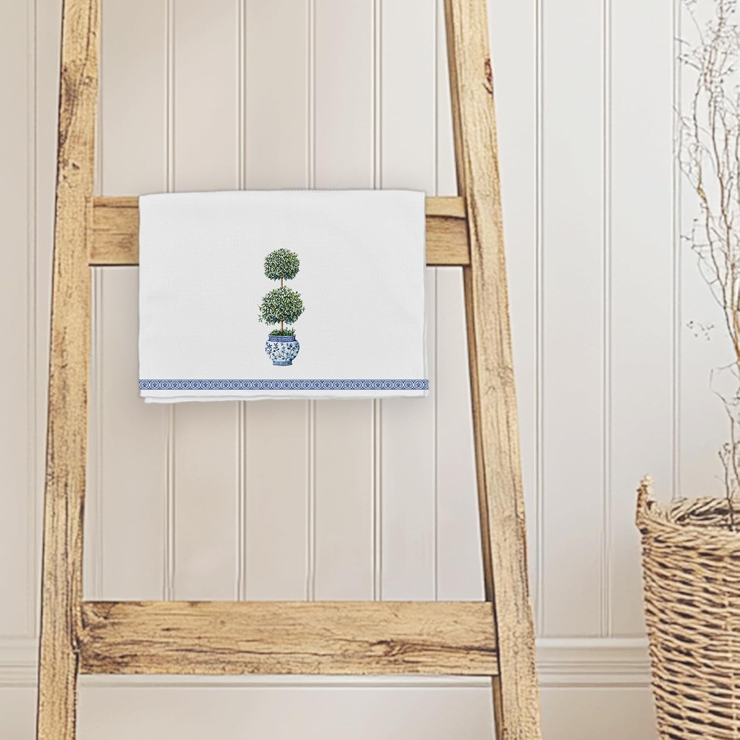 Blue and White Chinoiserie Topiary Trees Kitchen Towels, Green Plant Porcelain Dish Hand Tea Towels, Preppy Botanical Grandmillennial Home Decor Towel for Bathroom Kitchen Decor, 16x24 Inch - Image 6