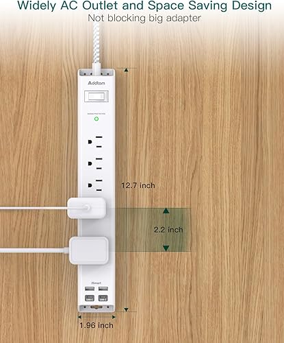 Miniatura 6 de Addtam - Tira de alimentación con protector de sobretensiones de 10 pies, cable de extensión largo, 5 salidas amplias, 4 puertos USB, enchufe plano,