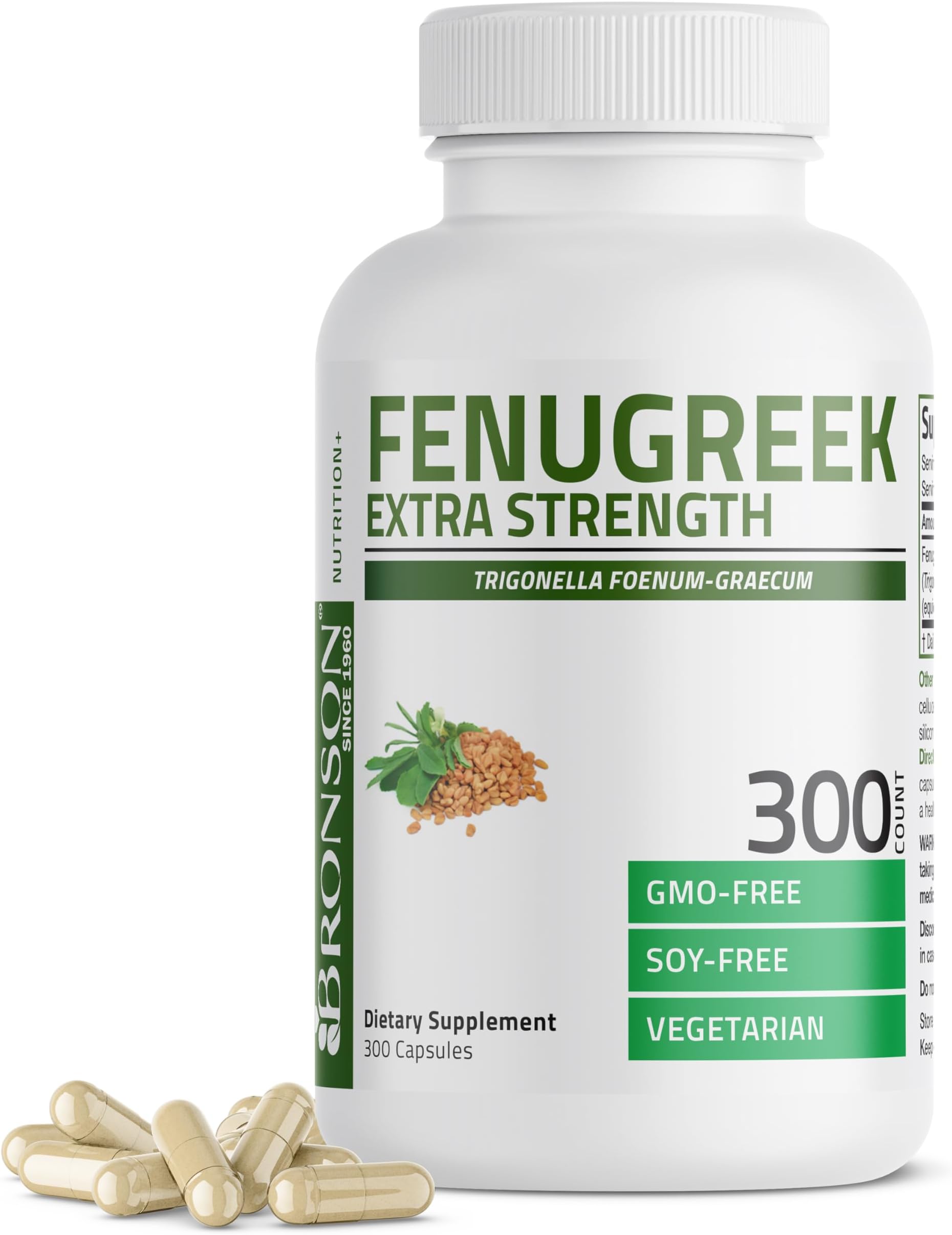Bronson Fenugreek Seed Powder Capsules Extra Strength 2400mg per Serving, Trigonella Foenum-Graecum, Non-GMO, Soy-Free, Vegetarian, 300 Capsules