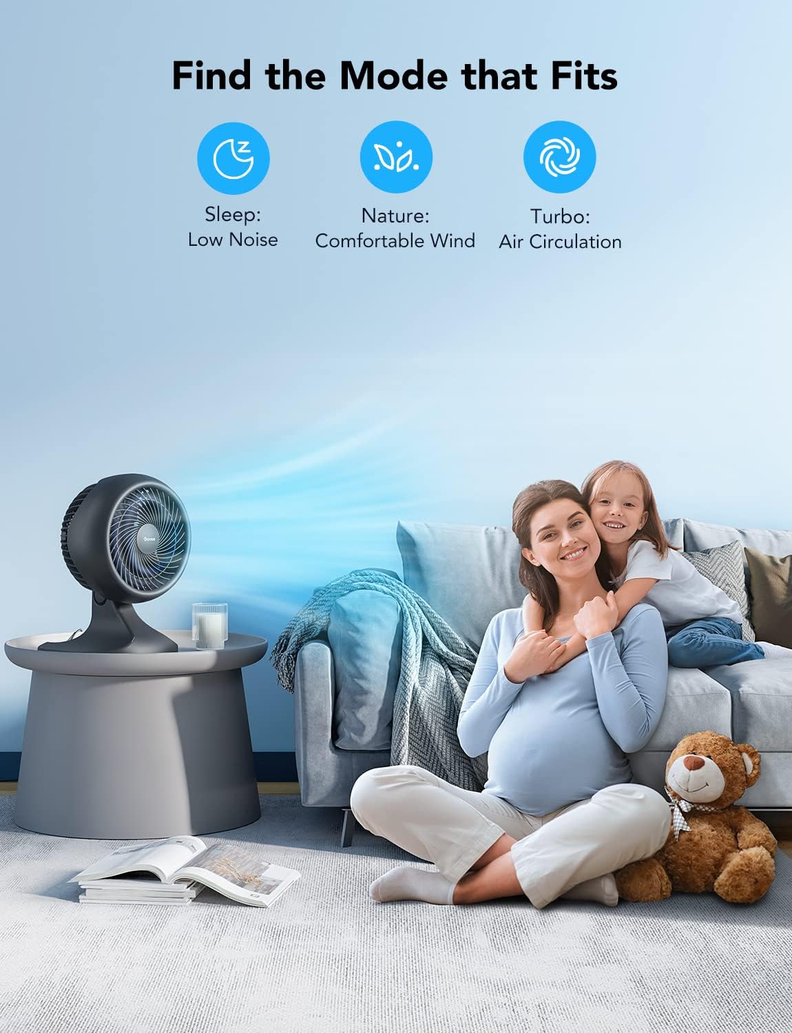 Visual representation of the fan's three primary modes: Sleep for low noise, Nature for comfortable wind, and Turbo for air circulation.