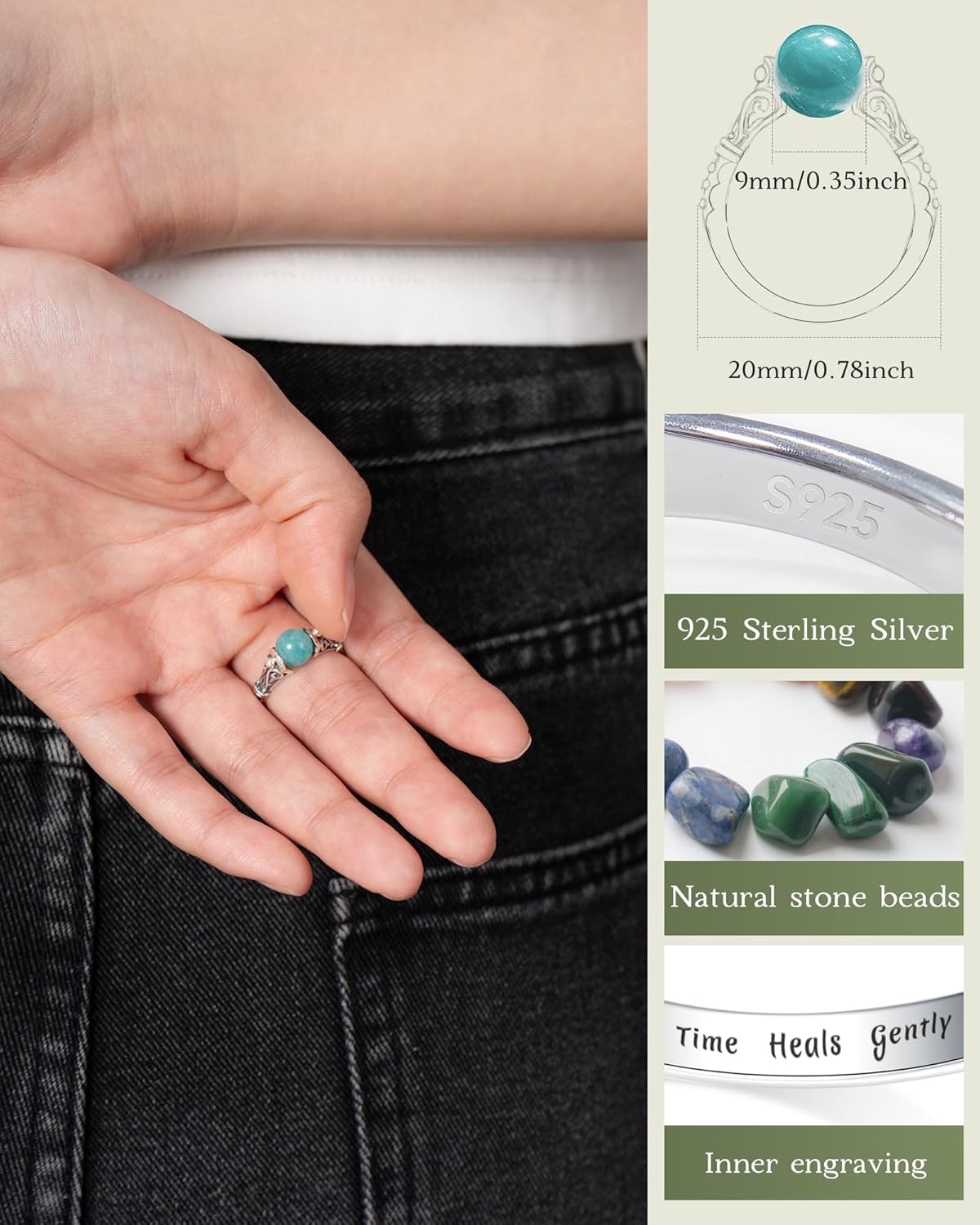 Decompression Swivel Ring - 925 Sterling Silver Natural Gemstone Ring with Amethyst, Moonlight, Obsidian, Garnet, Anxiety Relief Crystal Healing Jewelry Gift for Women Mom Daughter She (Amazonite, 6)