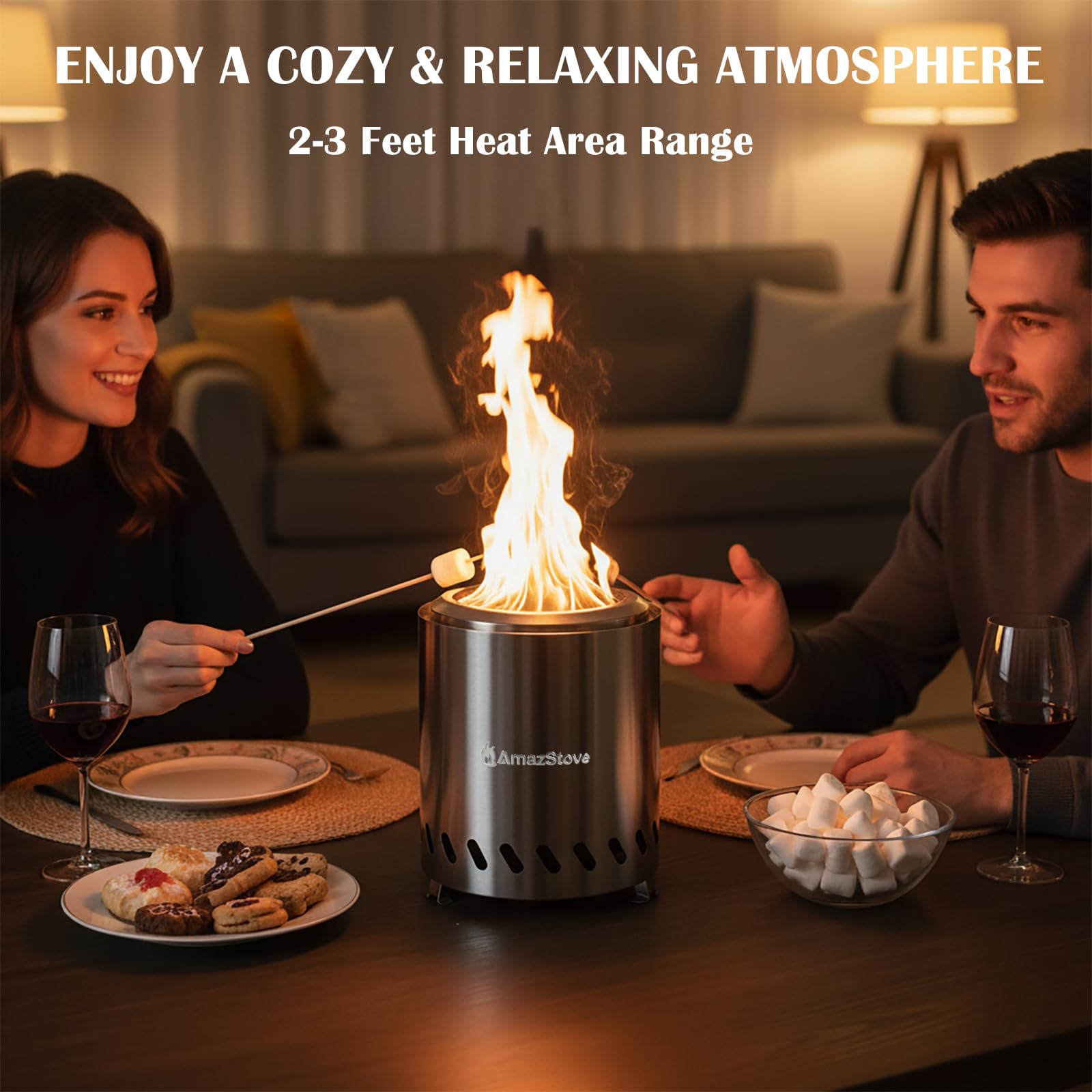 Palenisko stołowe firmy AmazStove, kuchenka kempingowa o niskiej emisji dymu do bezpiecznego paleniska na zewnątrz, napędzana granulatem lub drewnem, torba podróżna w zestawie, srebrna