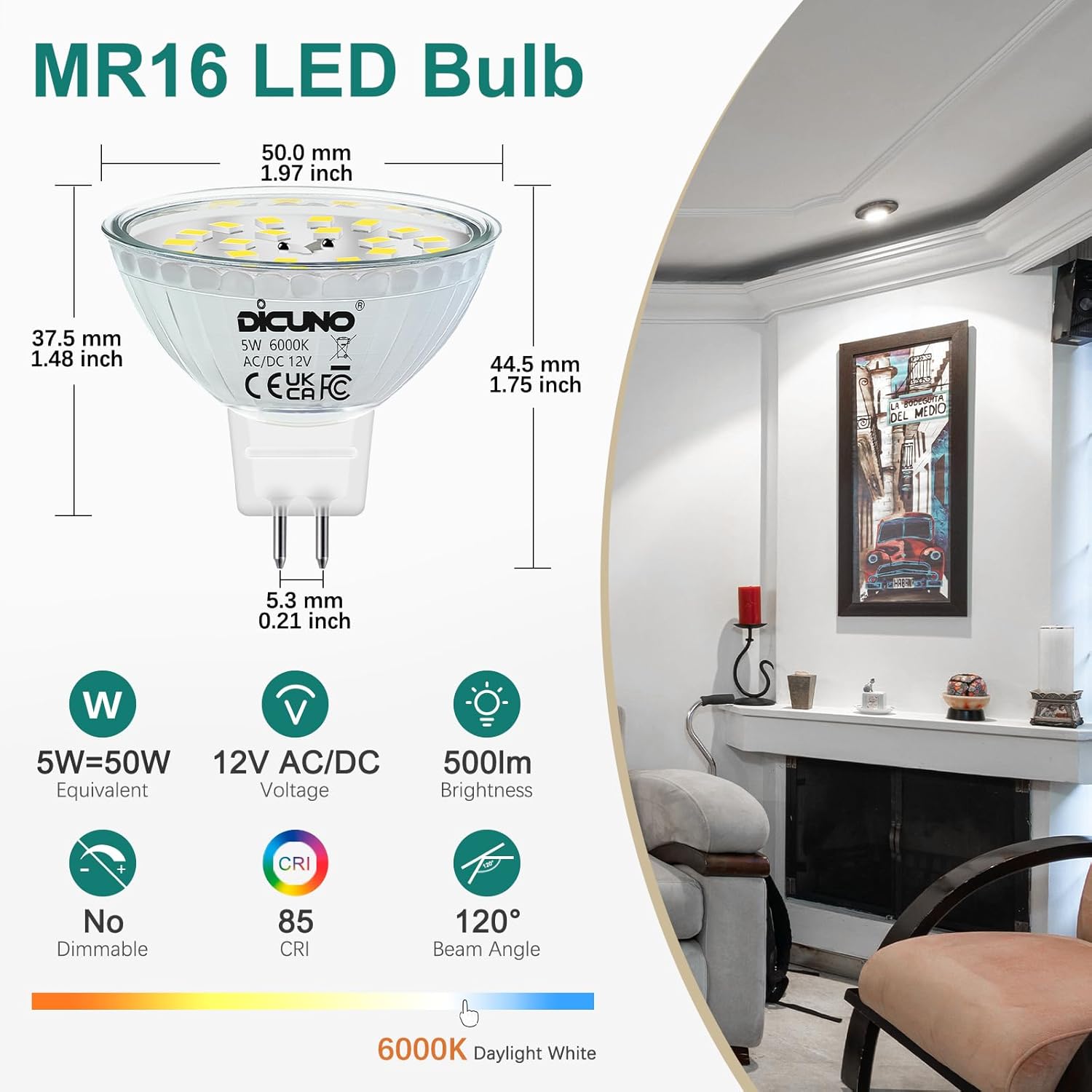 DiCUNO GU5.3 LED Bulb, Non-dimmable 12V MR16 Spotlight Bulb, Daylight White 6000K, 500LM, 5W, 50W Halogen Replacement for Track Lighting, Recessed Lighting, 6 Pack