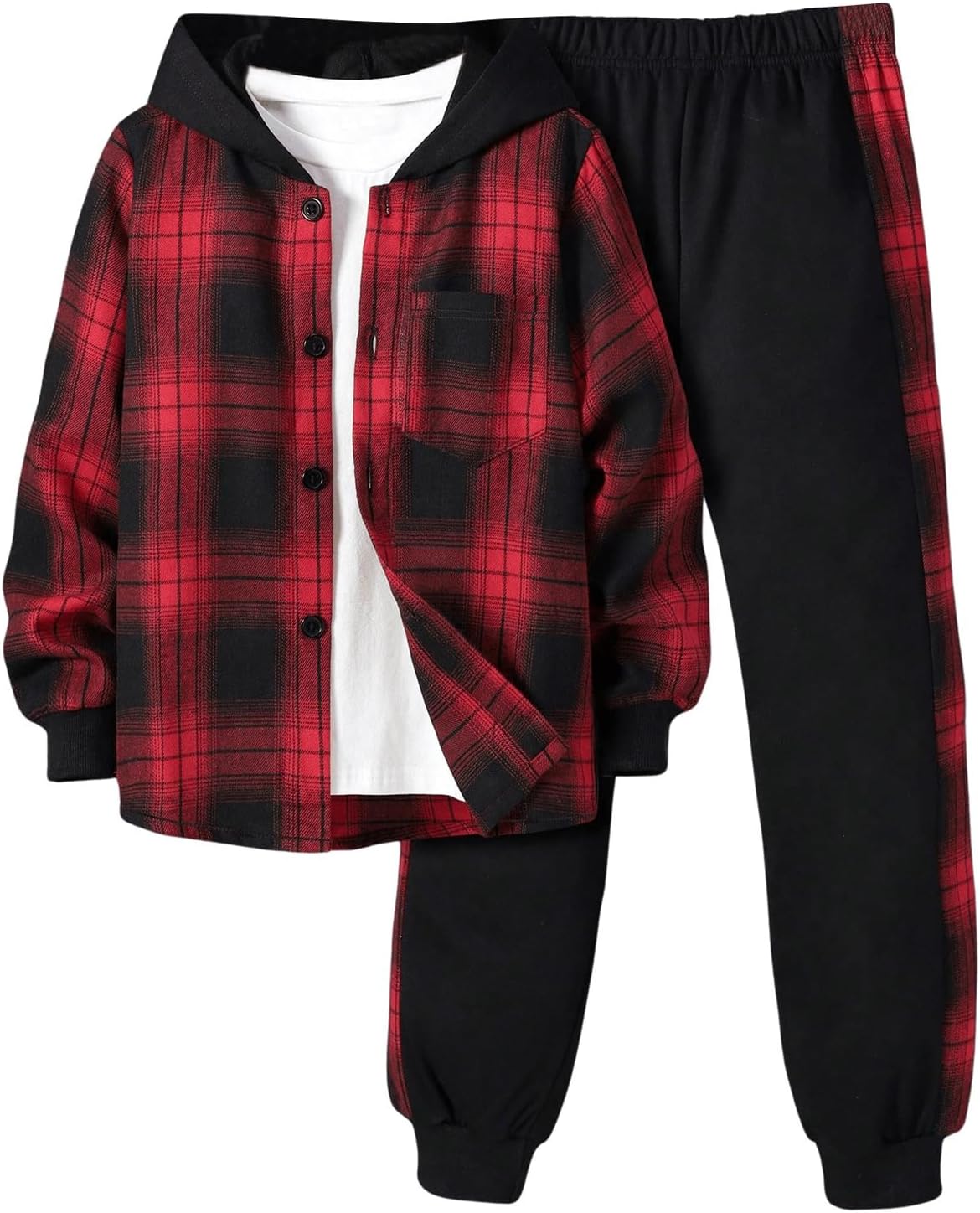WDIRARA Boy's 2 Piece Outfits Plaid Button Front Hoodie and Sweatpants Tracksuit Clothing Set