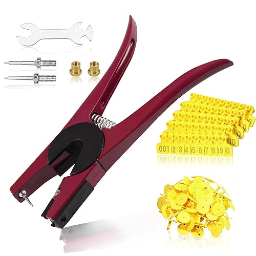 Aplicador de etiquetas de oreja para ganado, alicates de metal con número 1-100 etiquetas de oreja amarillas para ganado y 2 pines reemplazables