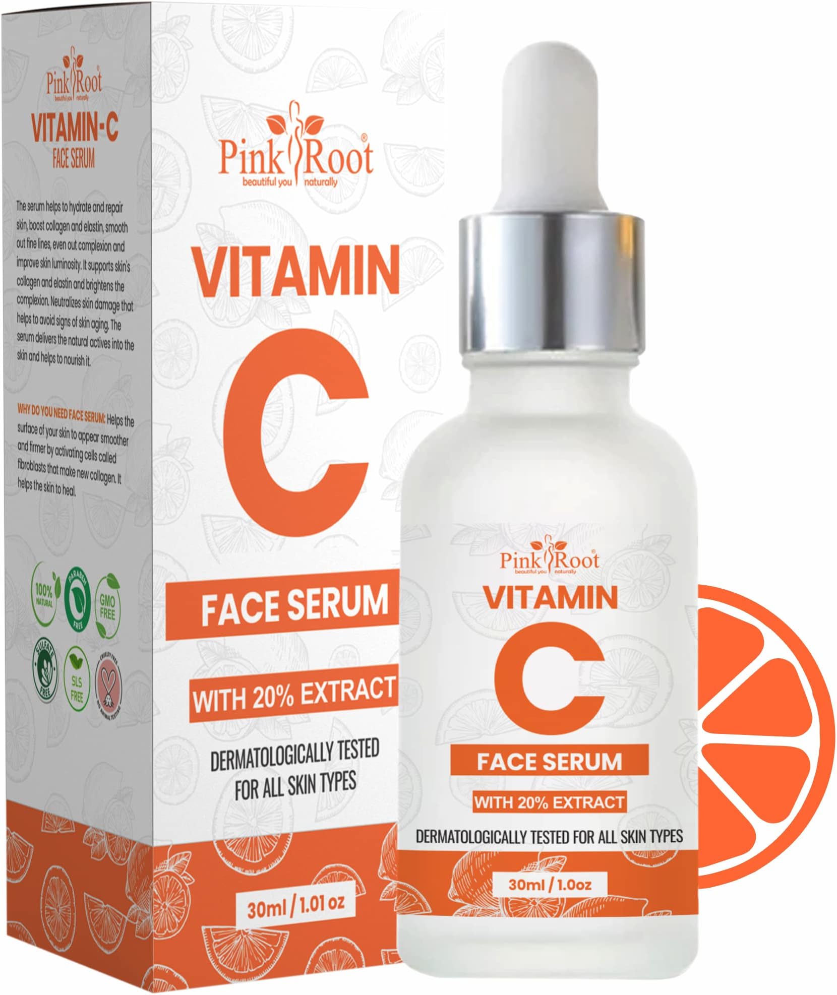 Pink Root Vitamin C Serum for Face with 20% Extract Dermatologically Tested for all Skin Types (Vitamin C 30ml)