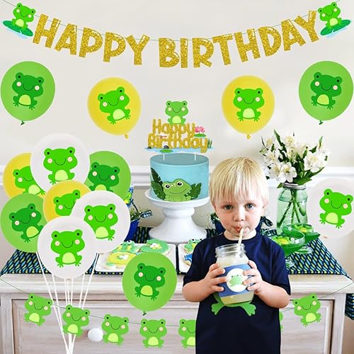 Miniatura 3 de Cheereveal Kit de decoración de fiesta de cumpleaños de rana con pancarta de feliz cumpleaños, decoración de pasteles, globos de látex de rana,