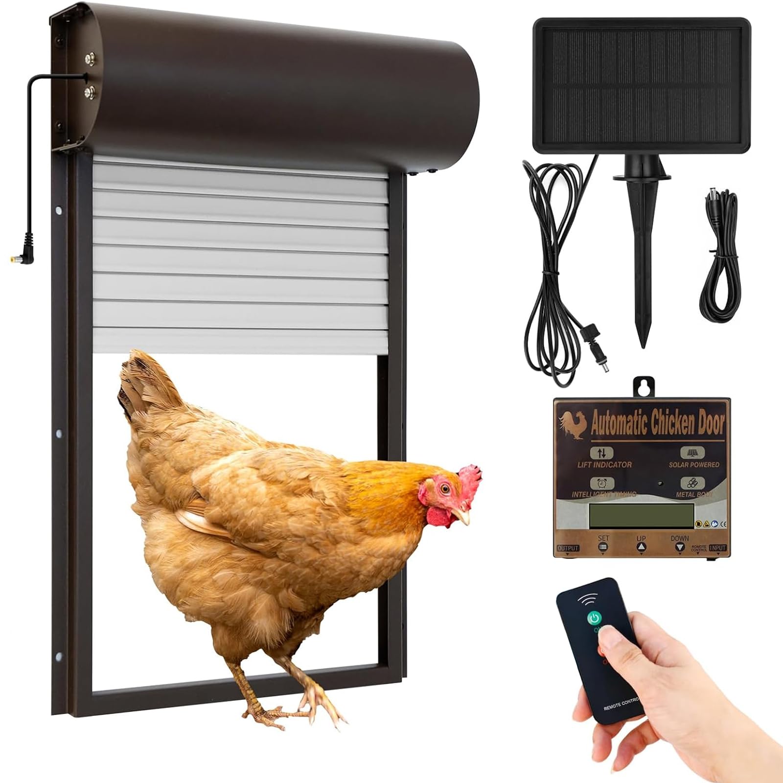Batería automática de gallina, Puerta de Pollo eléctrica automática | con temporizador, panel solar, mando a distancia, manual, protección inteligente contra pellizcos