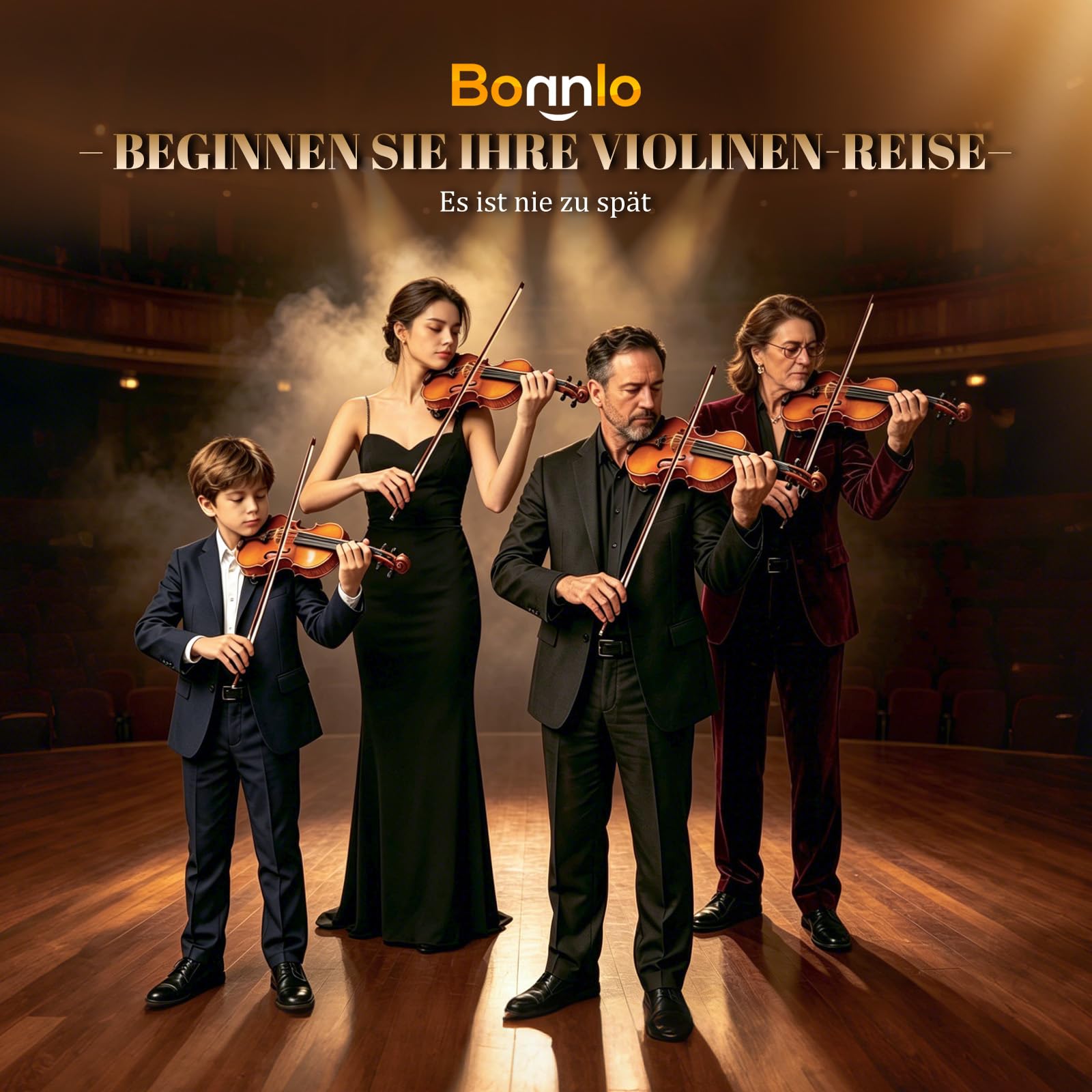 Bonnlo Violino per Bambini e Principianti, Misure 1/4, 1/2, 3/4 e 4/4, Violino in Legno Compensato di Tiglio con Acro in Legno Rosso, Astuccio, Colofonia e Mentoniera (Colore Classico, 1/4)