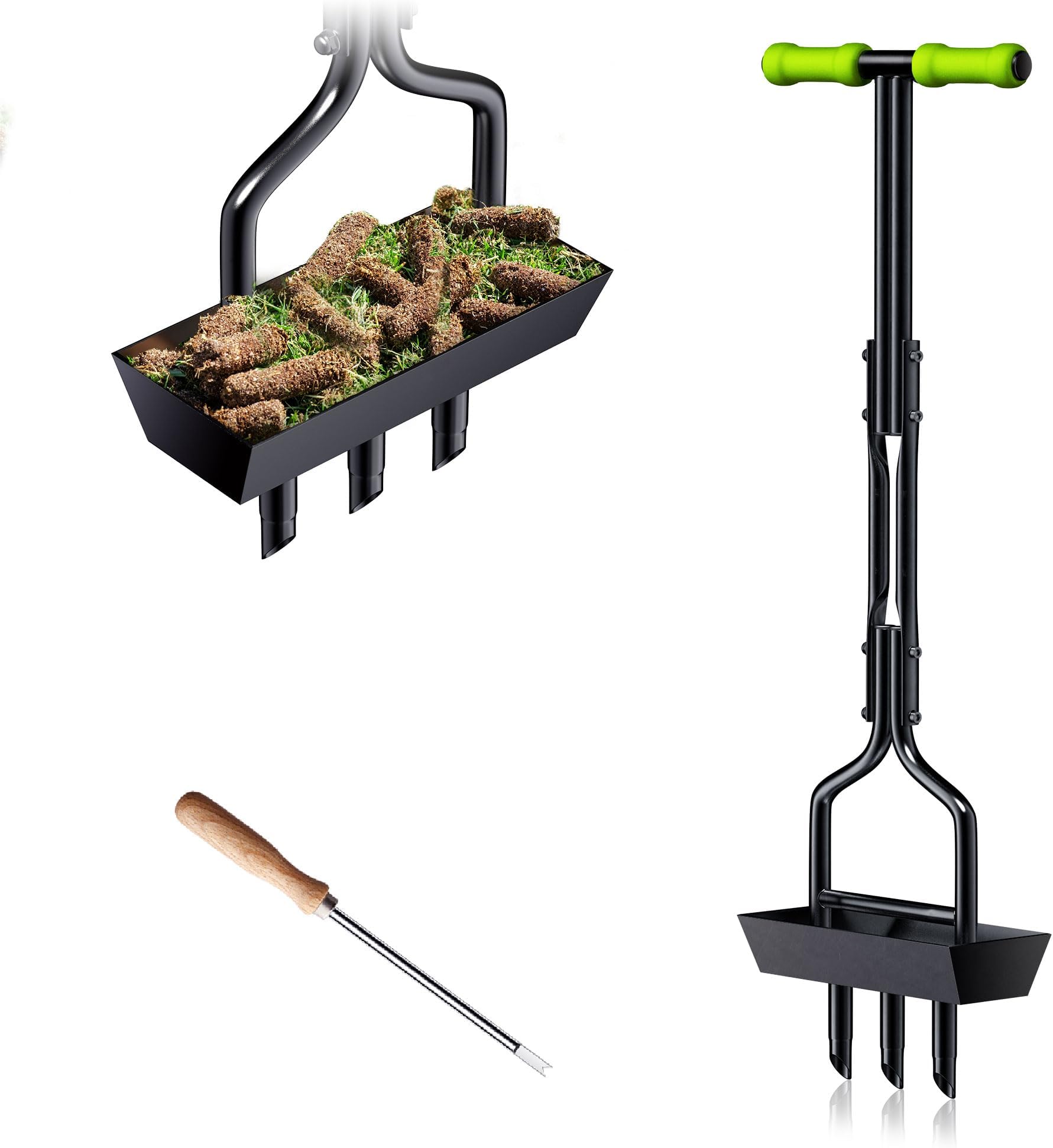 Lawn Aerator, EEIEER Hollow Tine Aerator Core Aerating with Storage Tray & Garden Tool, T-Handle Grass Aerator Heavy Duty Aeration Lawn Scarifier Manual Lawn Aerators for Compacted Soils, Green Handle