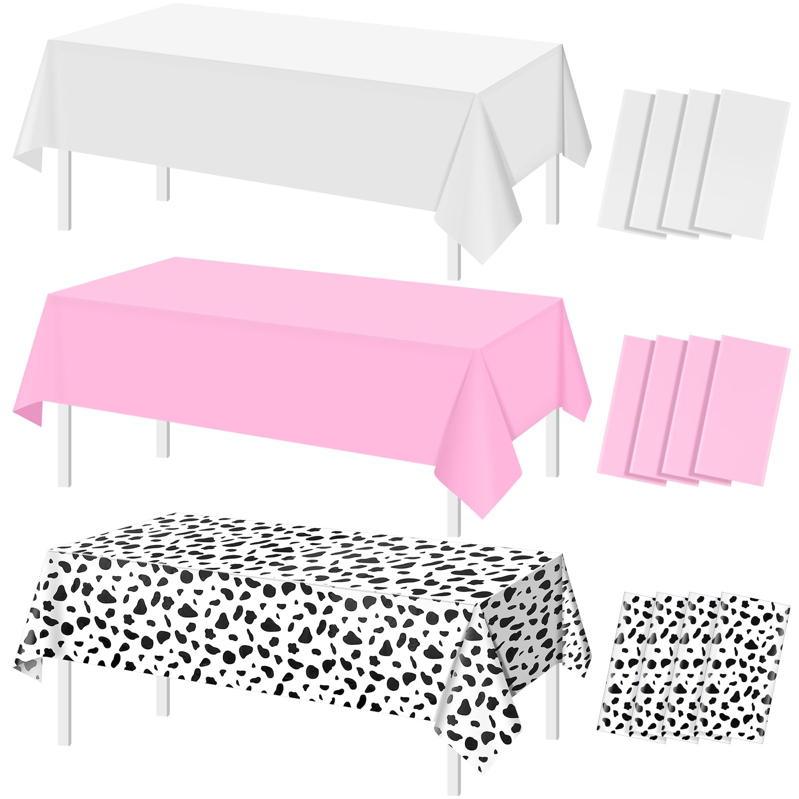 12Pcs Cow Print and Pink White Tablecloth Set, Pink and White Cow Print Table Covers Disposable Plastic Rectangle Tablecloth for Cowgirl Birthday Baby Shower Barnyard Party Decorations, 108*54inch