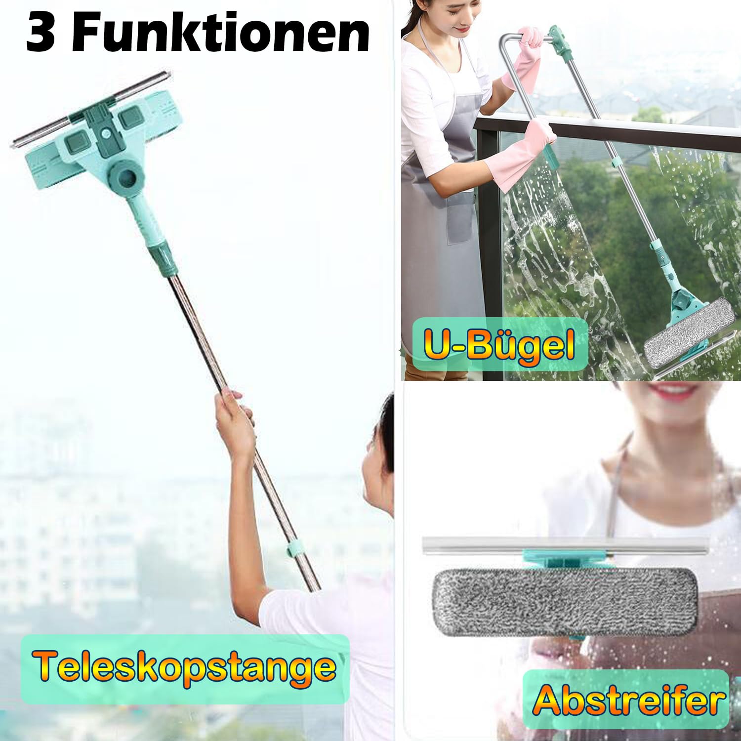 Hooha Fensterwischer Reiniger Fensterabzieher Teleskop U-Bügel Stange 2-in-1 Fensterputzer mit 180°Schwenkkopf Fenster Putzen Wischer Set für hohe Fenster/Dusche/Auto 69-145cm (U-Bügel)