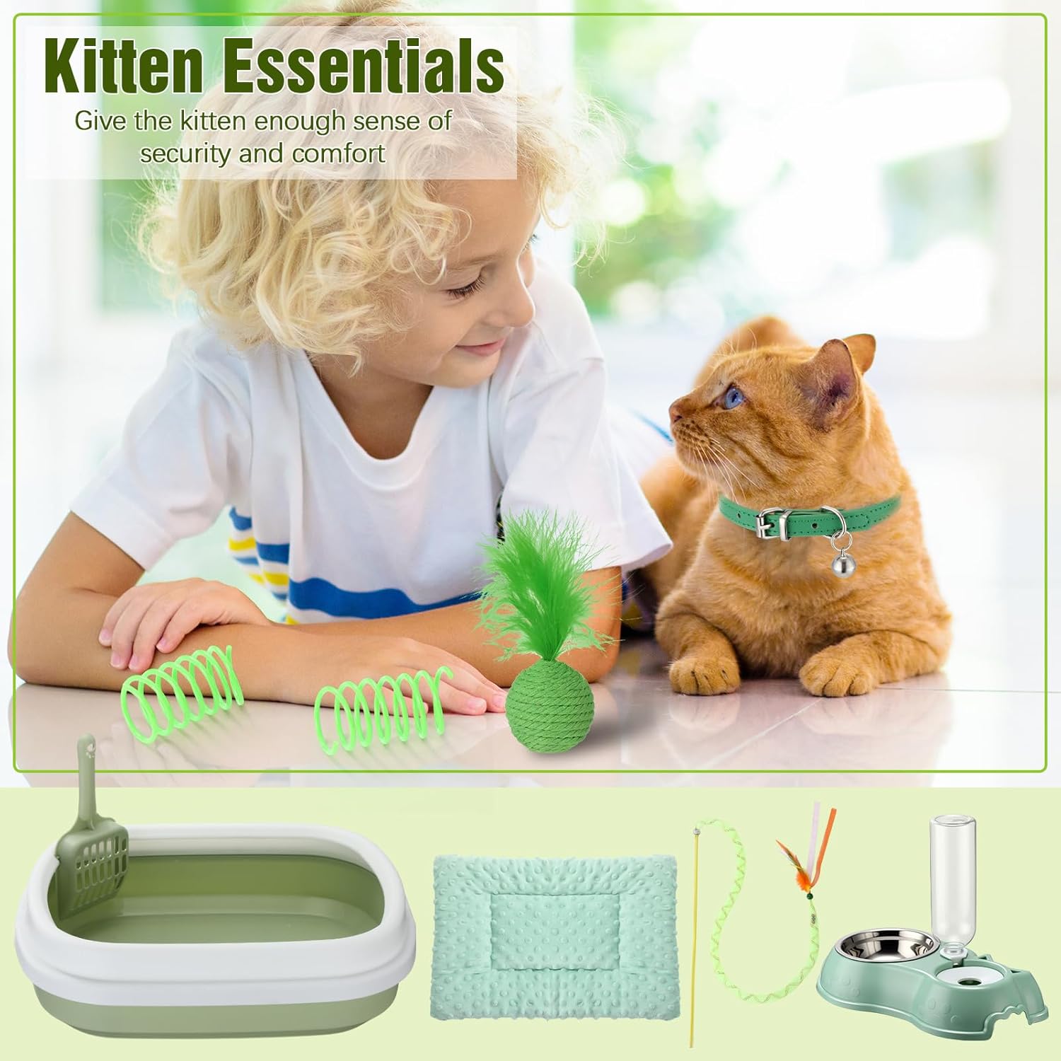 Eccliy Kitten Starter Kit, 10 Pcs Cat Starter Kit for Indoor Cats Kitten Essentials Includes Litter Box, Pet Toy, Folding Carrier, Climbing Frame, Mat, Collar, Automatic Food Bow(Classic,Green)