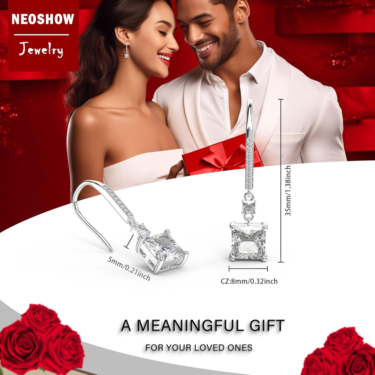 18K White Gold Plated Sterling Silver Square Princess Cut Cubic Zirconia Dangle Earrings for Women Square CZ Diamond Drop Dangling Earrings for Women Mom Hypoallergenic - Image 6