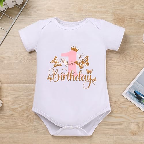 Miniatura 3 de IDOPIP - Conjunto de cumpleaños número 1 con mariposas para bebé niña, con lentejuelas, pelele con mariposas, falda de tutú, diadema, disfraz para