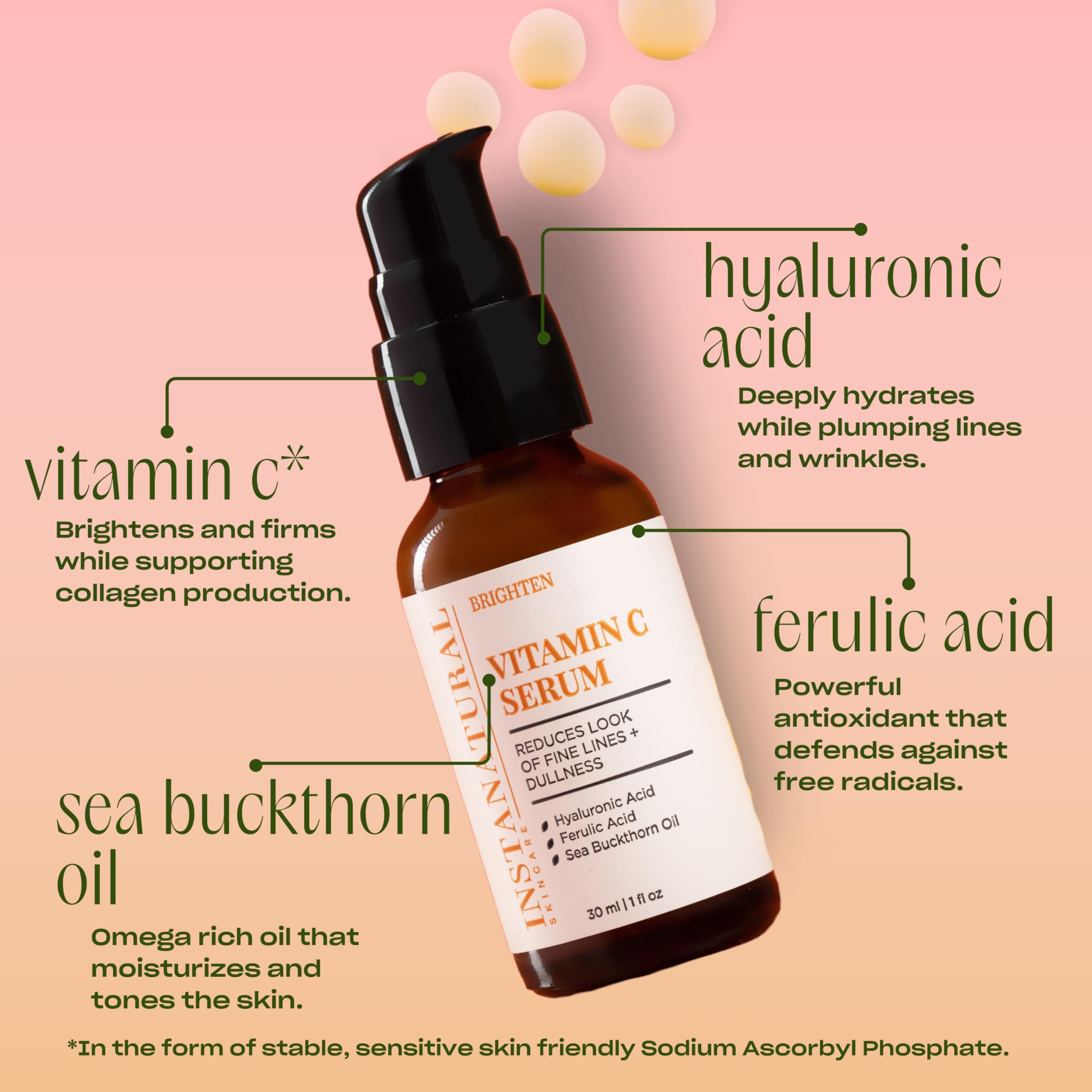 InstaNatural Siero per Viso alla Vitamina C – Il Siero per Viso Anti-Età alla Vitamina C & Acido Ialuronico Più Efficace – Con Olio di Argan & di Rosa Canina Naturale, Vitamina E, Acido Ferulico & Olio di Olivello Spinoso – 30 ml