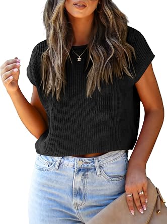 LCXWFE Womens Summer Cropped Sweater Vest Casual Pullover Cap Sleeve Tops | Crew Neck,Loose Knit Tank Top,Soild Color,Vacation Outfits,Trendy Crop Tops 2026