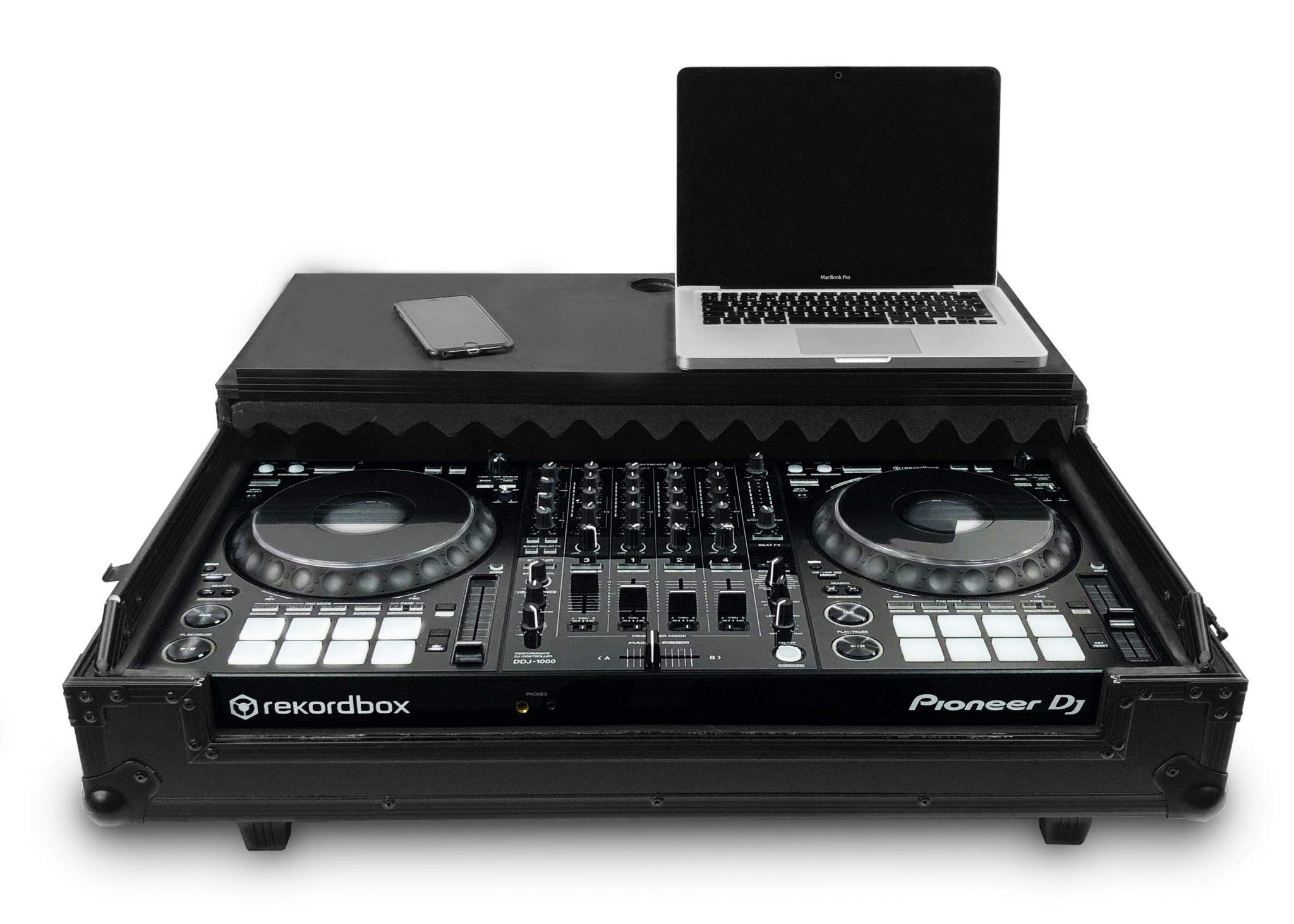 Audibax PRO-1000 Flight Case - Valise pour Contrôleur Pioneer DDJ-1000 avec Support pour Ordinateur Portable - Roues et Poignée Amovible - Support pour PC et Encastrement - Intérieur en Mousse
