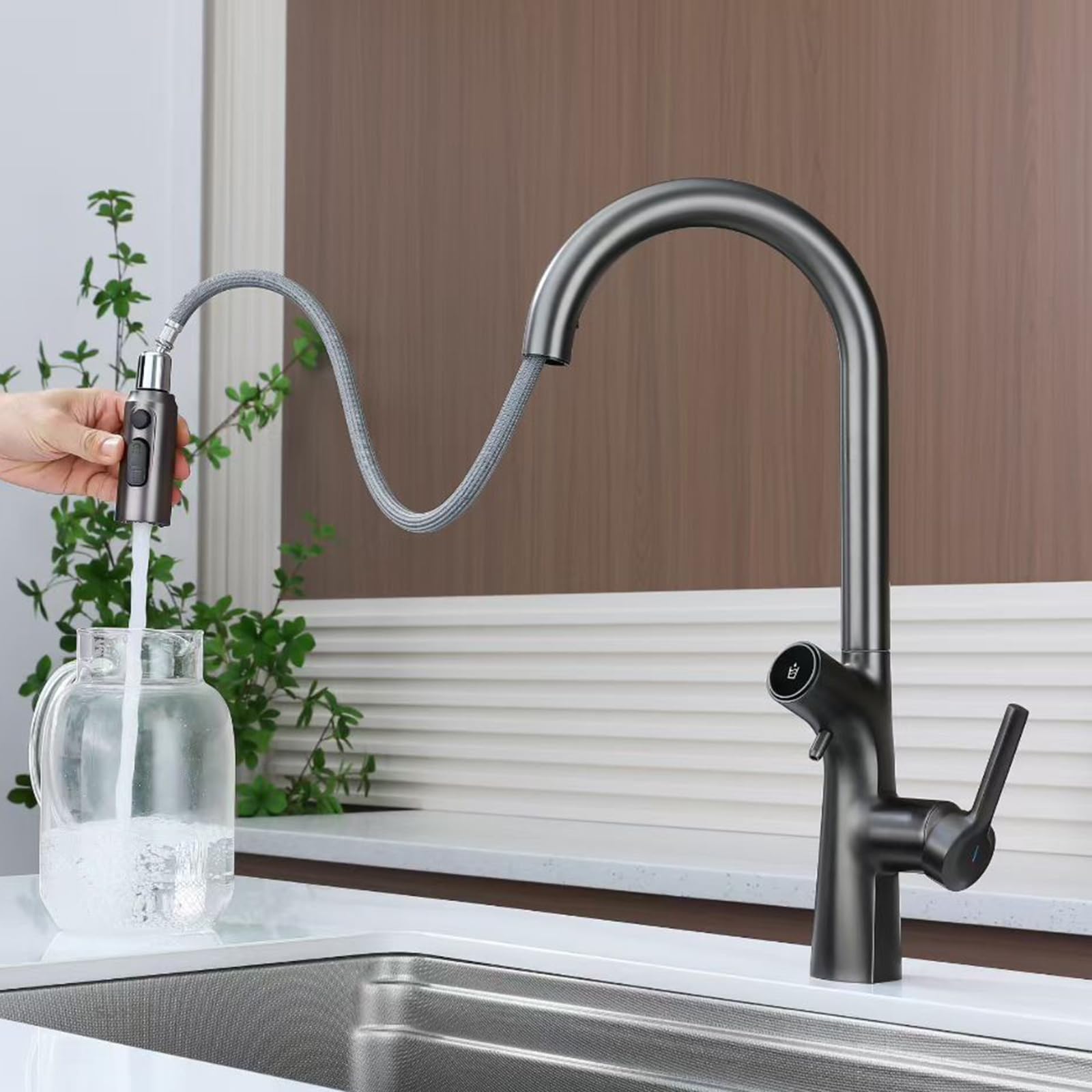 ZYCHSJXA 3 Way Kitchen Tap with Pull Out Spray Taps in 1 Swivel Hot and Cold Water Pure Brass-Grey